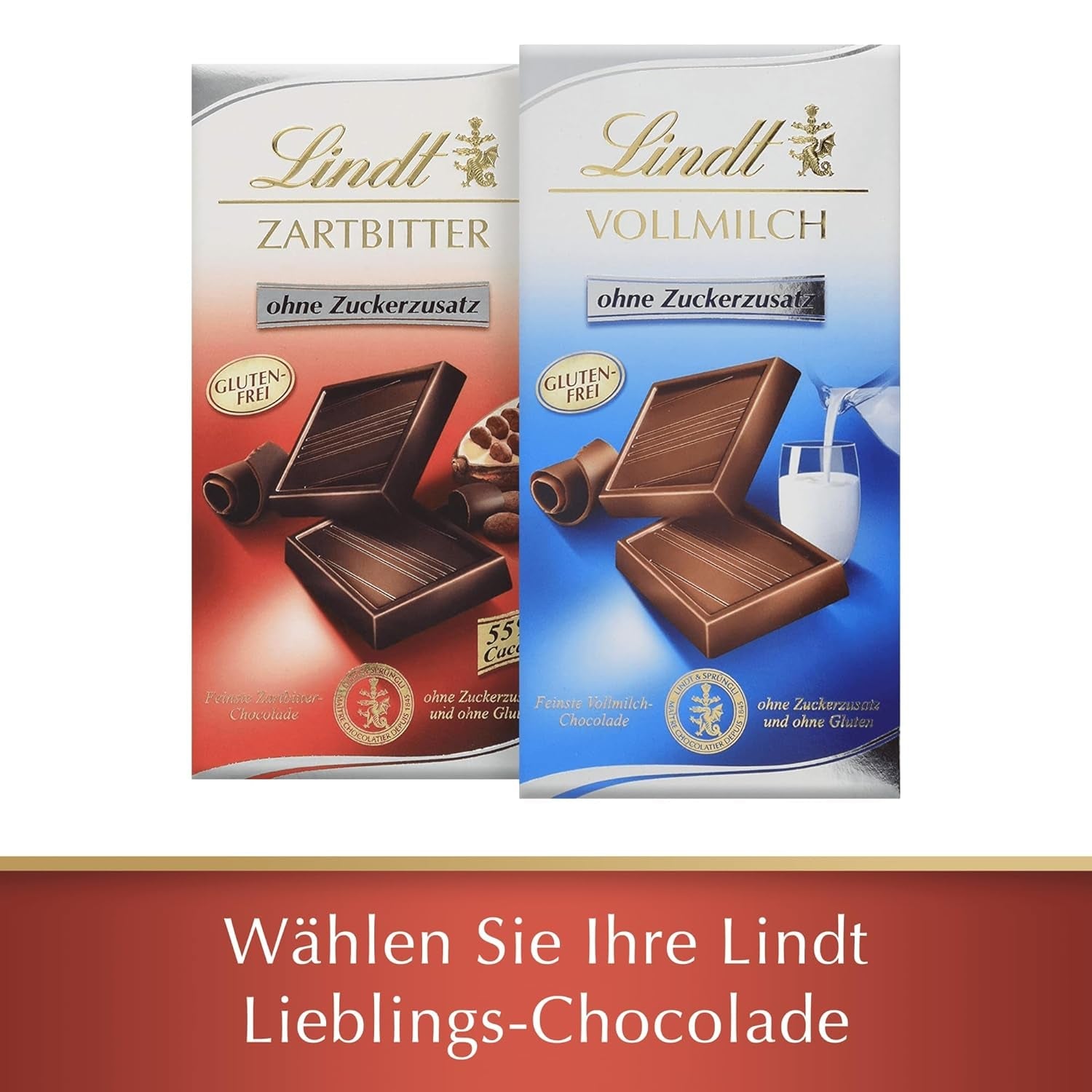 Lindt-Schokolade | Dunkle Schokoladentafel ohne Zuckerzusatz | 100g | Feinste dunkle Schokolade mit 55 % Kakao, ohne Zuckerzusatz und ohne Gluten | Glutenfreier Schokoriegel