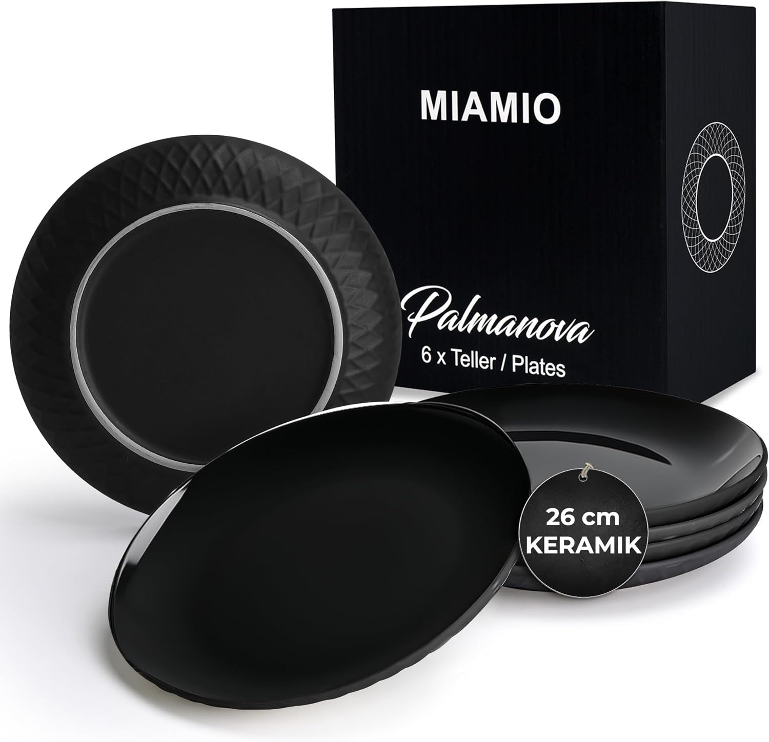 MIAMIO – 6-teiliges modernes Keramik-Geschirr/Teller-Set für 6 – Palmanova-Kollektion (Schwarz, große Teller (6x))