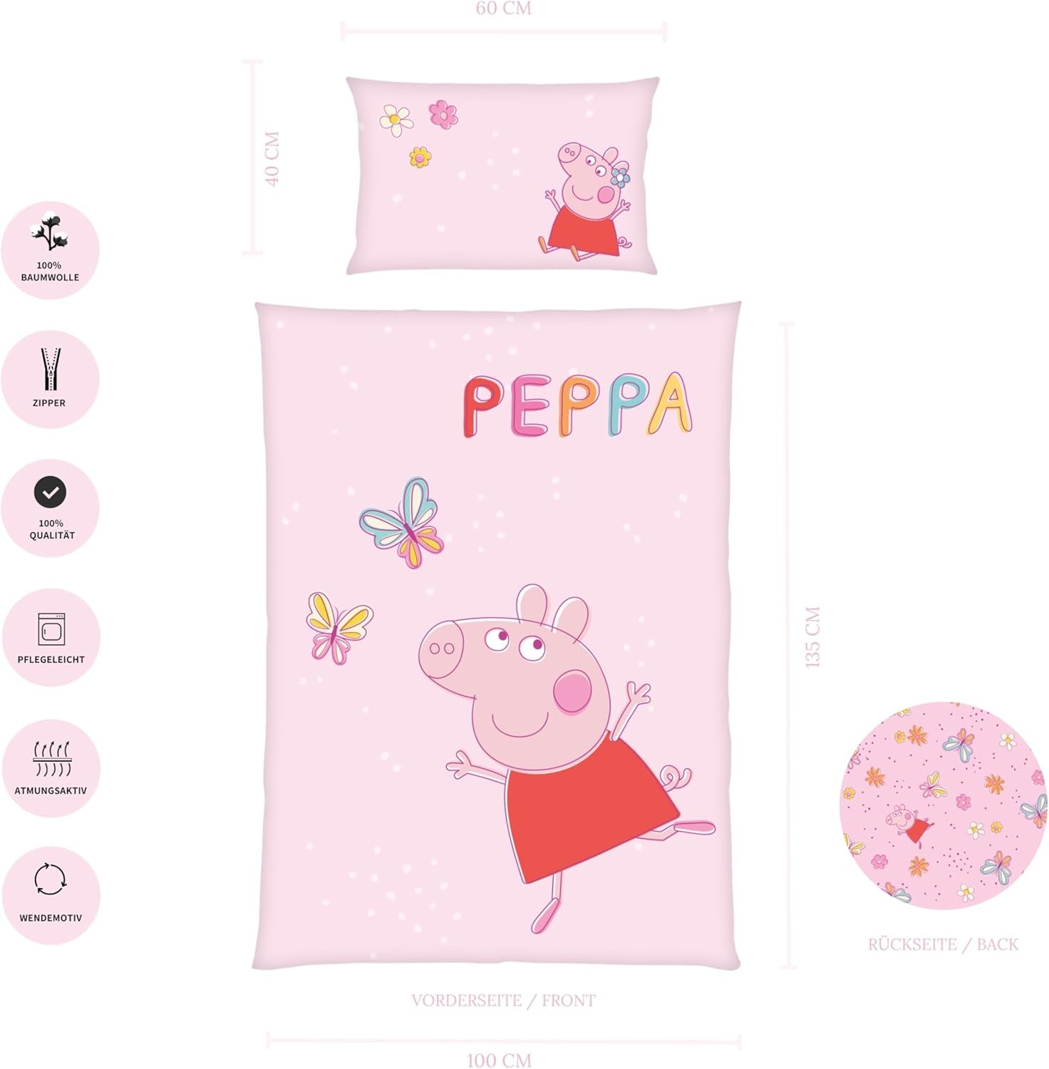 Peppa Pig Kinderbettwäsche-Set, 100 x 135 cm und 40 x 60 cm, Baumwolle Bettwäsche – Kinder Naty Shop