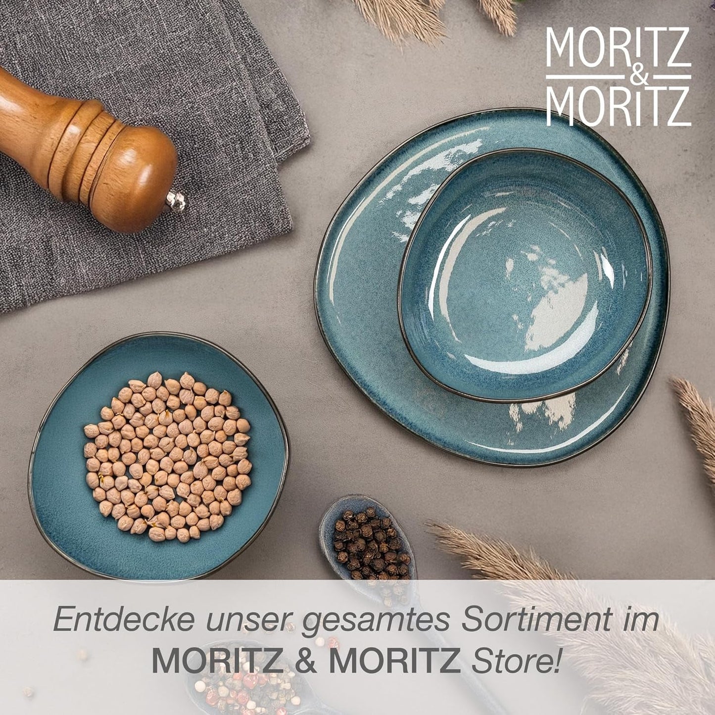 Moritz & Moritz ORGANIC Servierschalen-Set, Blau – 2 große hochwertige Steinzeugschalen, modern und zeitlos, mikrowellen- und spülmaschinenfest – perfekt für Salate, Pasta, Snacks und mehr