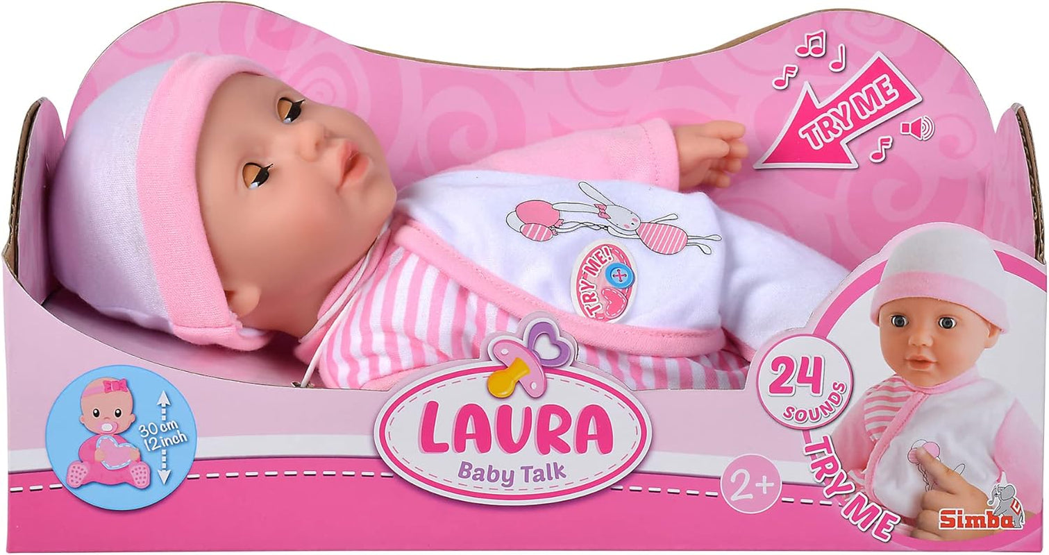 Simba 105140020 – My Love Baby Talk Puppe mit weichem Körper und schläfrigen Augen in süßem Kleid, macht 24 Babygeräusche, 30 cm große Babypuppe ab 2 Jahren, weiß-rosa Puppen, Naty Shop Caps