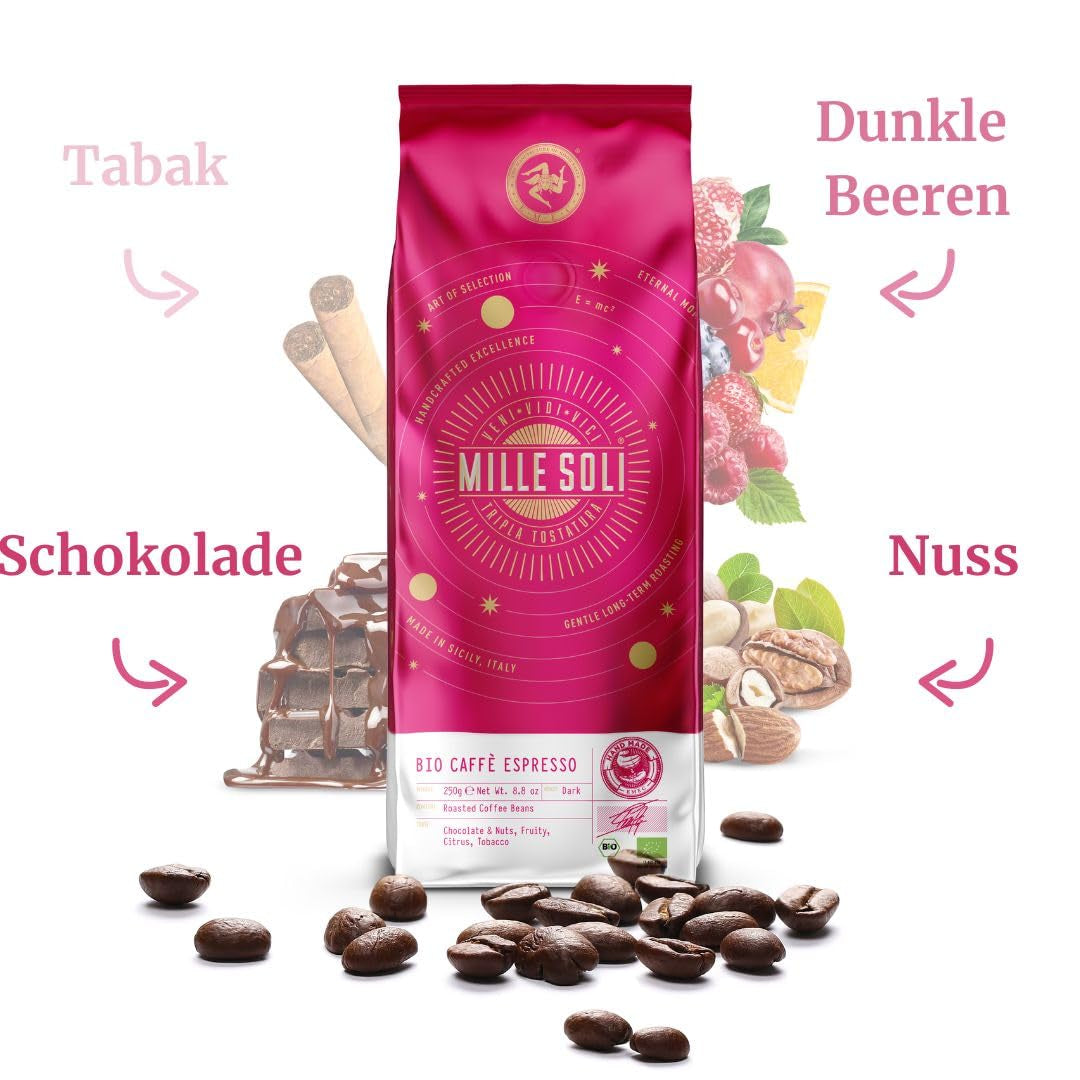 Caffè Bio-Espressobohnen 250 g – 100 % biologisch – geröstet in Sizilien – jahrhundertealte handwerkliche Röstmethode – Premium-Espressobohnen für Vollautomaten und Siebträger