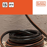 BLACK+DECKER Gartenschlauch 15 Meter – Ø19MM – Strapazierfähiges PVC – Den Garten bewässern, das Auto waschen, den Pool füllen – Kompatibel mit jedem Standard-Wasserhahn – Schwarz/Orange