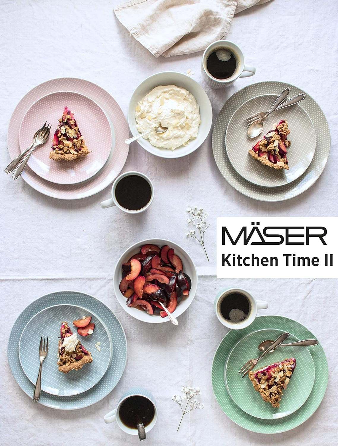 MÄSER Kitchen Time II, Tafelservice für 4 Personen, Kombiservice mit 16 Teilen in Pastellfarben mit dezentem Muster, Porzellan, Rosa