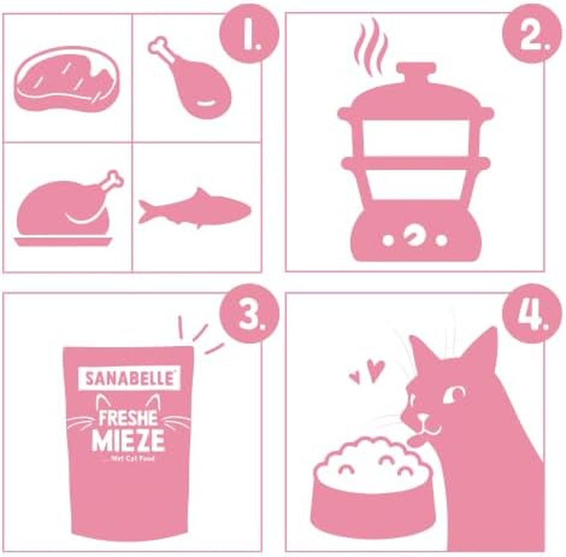 Sanabelle Freshe Mieze - Mixtray | 10 x 100g Mixpack | 4 köstliche Sorten Katzenfutter zum Probieren | Gedämpftes Nassfutter für Katzen, wie frisch gekocht