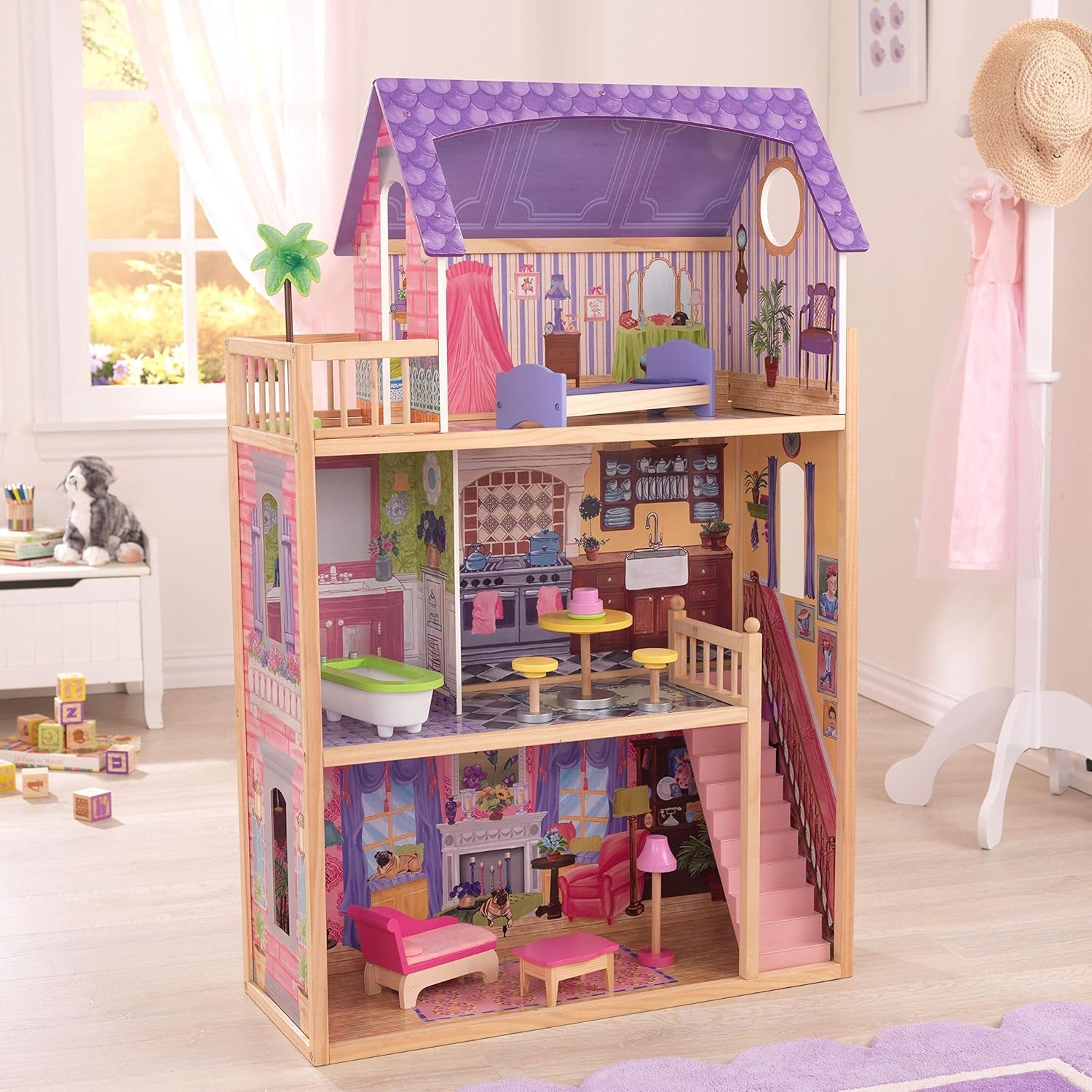 KidKraft Kayla Holzpuppenhaus mit Möbeln und Zubehör, 3-stöckiges Spielset für 30-cm-Puppe, Spielzeug für Kinder ab 3 Jahren, 65092 – Exklusiv bei Amazon