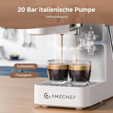 AMZCHEF 20-Bar-Espressomaschine, LED-Anzeige, professioneller Milchaufschäumer und Dampflanze aus Edelstahl, 1,5 l abnehmbarer Tank, 1350 W schnelles Aufheizen, Weiß