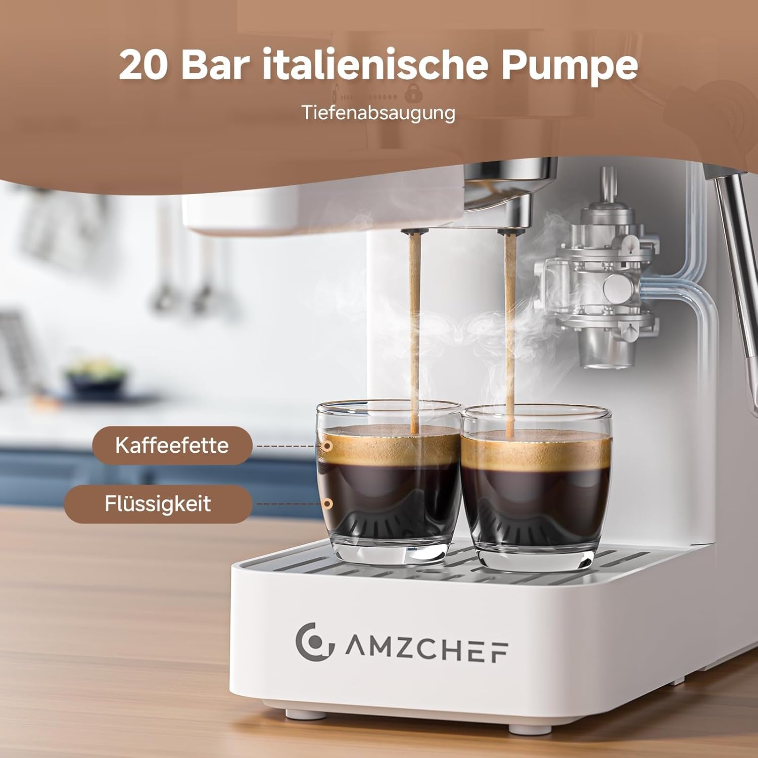 AMZCHEF 20-Bar-Espressomaschine, LED-Anzeige, professioneller Milchaufschäumer und Dampflanze aus Edelstahl, 1,5 l abnehmbarer Tank, 1350 W schnelles Aufheizen, Weiß