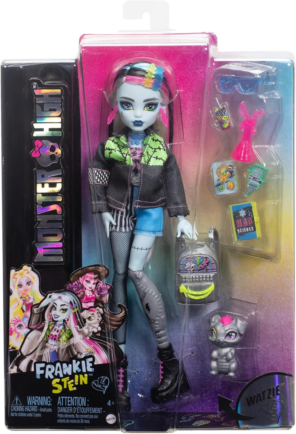 Die Monster High Frankie Stein-Puppe in Jeansjacke und Shorts enthält außerdem ihren Welpen Watzie und Accessoires wie einen Rucksack, einen Snack und ein Notizbuch, HXH73