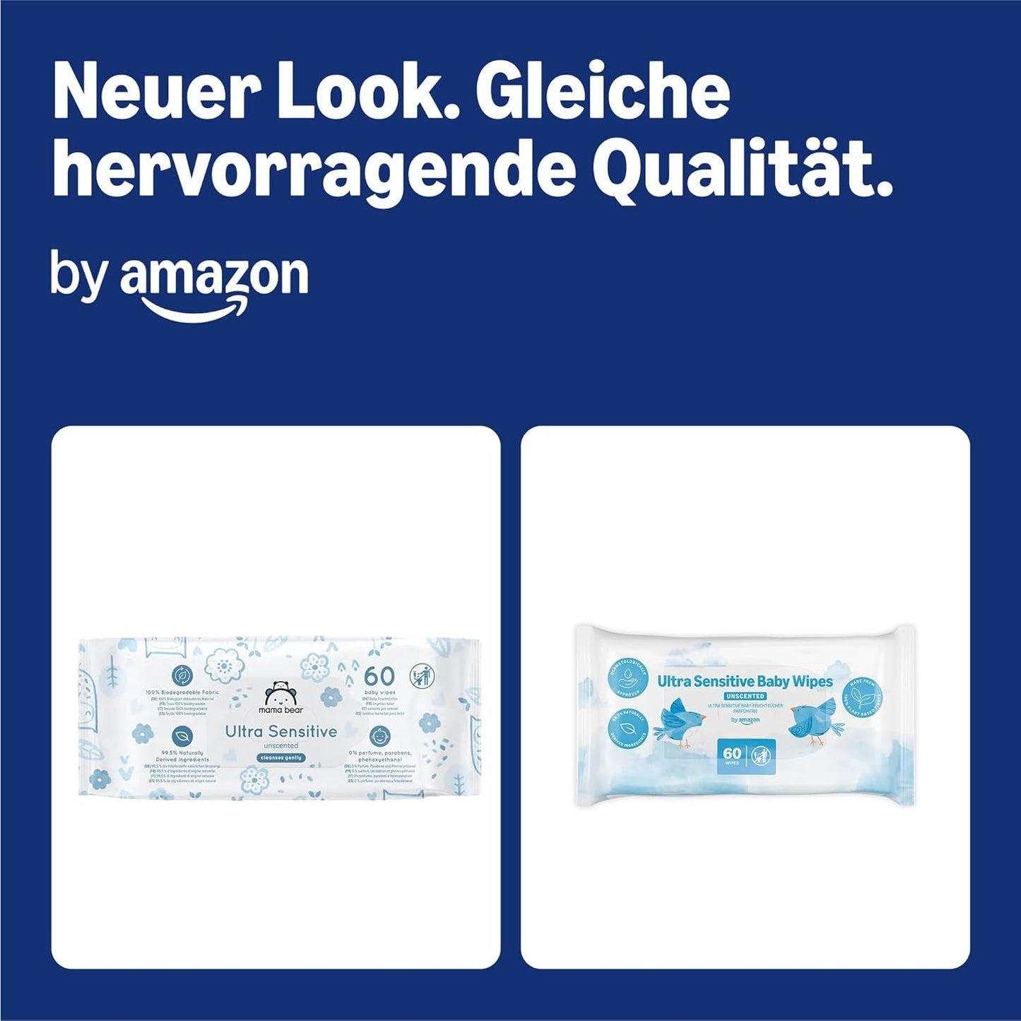 Amazon Ultra Sensitive Baby-Feuchttücher, 1080 Tücher, parfümfrei, 18er-Pack mit 60 Tüchern (ehemals Marke Amazon, identisches Produkt)
