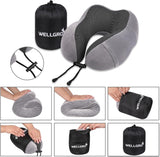 WELLGRO Nackenkissen-Set mit 3D-Schlafmaske und Ohrstöpseln – abnehmbarer Bezug – Memory-Schaum – Reißverschluss – inklusive Aufbewahrungstasche – Reisekissen – Farbe wählbar, Farbe: Grau. Orthopädische Halskissen von Naty Shop