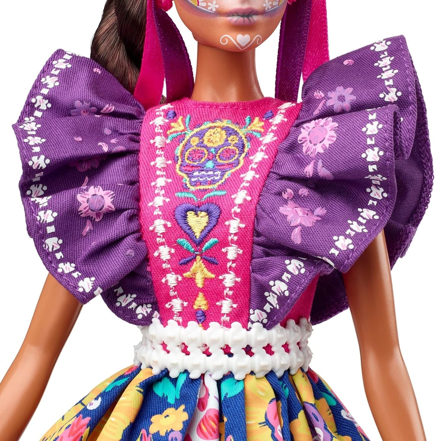 2022 Día De Muertos Barbie-Puppe mit gerüschtem Trachtenkleid, Blumenkranz und Calavera-Gesichtsbemalung, Geschenk für Sammler