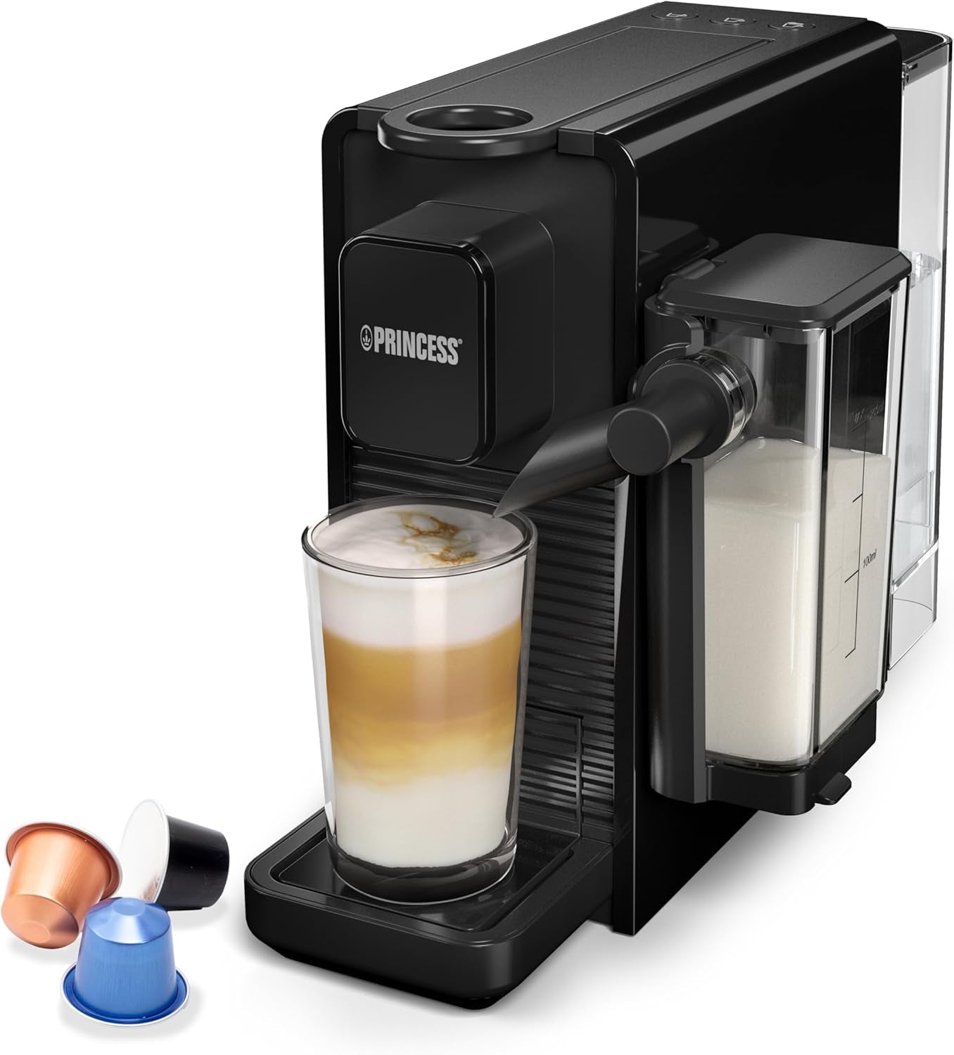Princess 4-in-1-Mehrkapsel-Espressomaschine – 1450 Watt, Kapseln, Pads, gemahlener Kaffee, BPA-frei, 249450, 01.249450.01.001, Schwarz, Silber