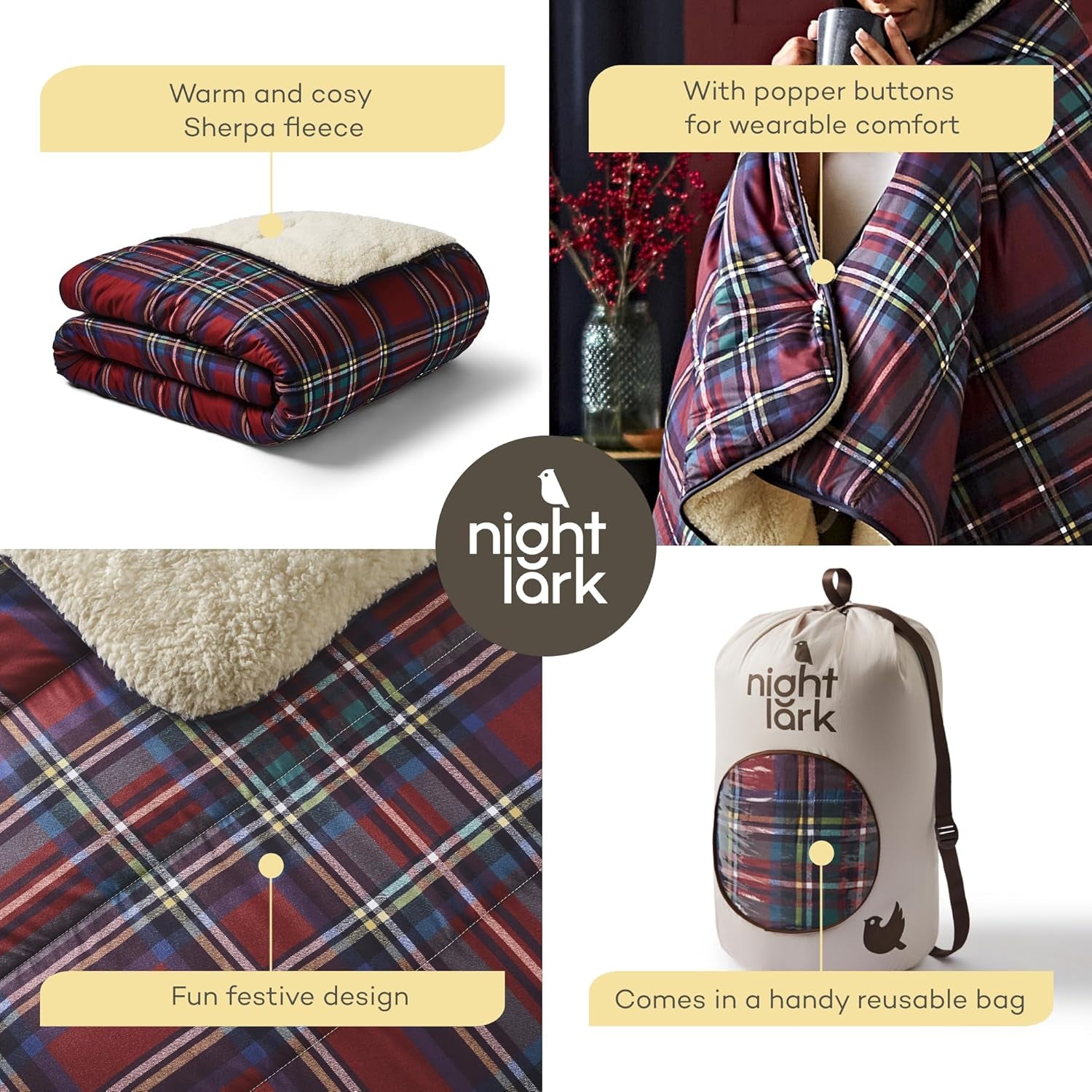 Gemütliche Sherpa-Fleecedecke von Night Lark, klassisches rotes Schottenkaro, 9 Tog, luxuriös, flauschig, dick und wendbar, perfekt für Couch, Bett, Couch, Couch. Hypoallergen, maschinenwaschbar, Größe: Night Lark-Betten und Bettdecken
