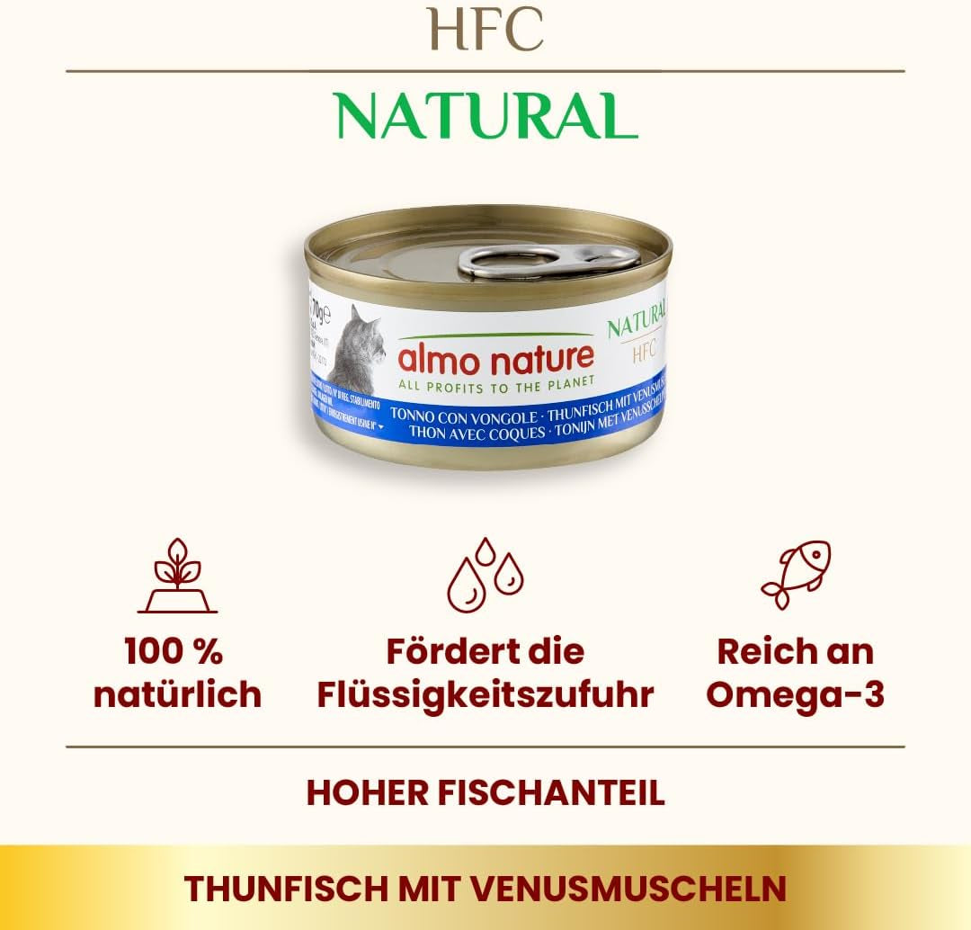 Almo Nature HFC Natürliches Nassfutter für Katzen – Thunfisch mit Muscheln, 24er-Pack (24 x 70 g)