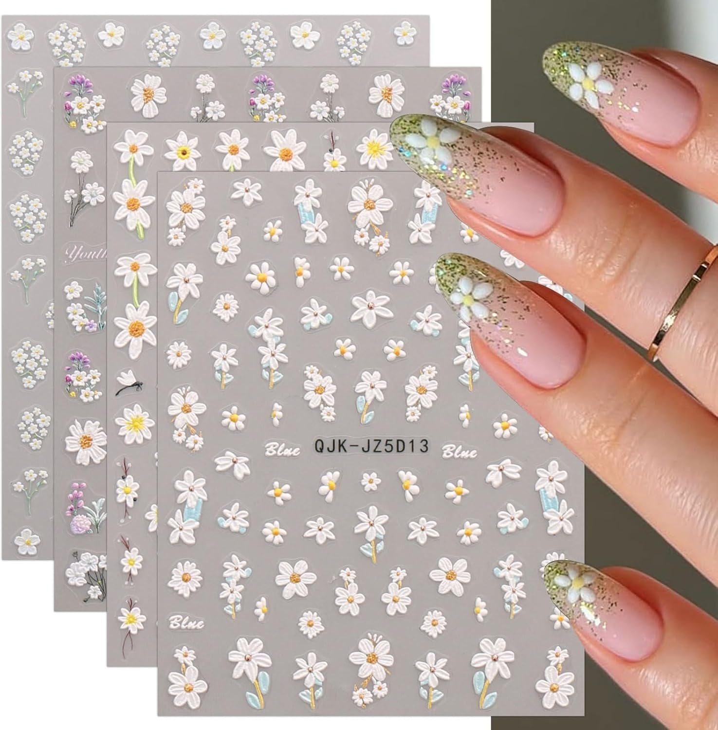 JMEOWIO 3D Nagelsticker Blumen Nail Art Sticker Selbstklebend Nagelaufkleber 5D Stereoskopisch Sommer Frühling Dekoration Nageldesign Zubehör 4 Blatt