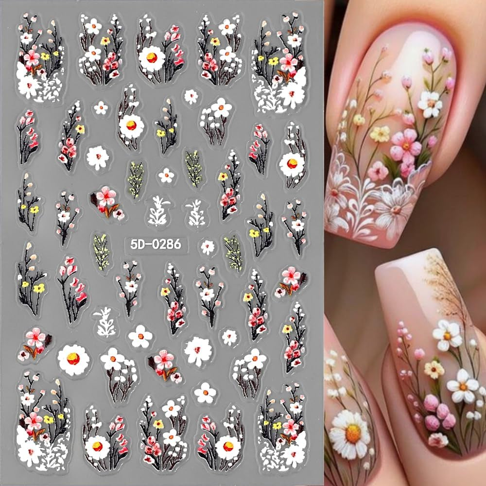 Pflaumenblüten-Nagelaufkleber, weiß-rosa Blumen-Nagelaufkleber, geprägte Blumen-Nagelaufkleber, Frühlings-Sommer-Blumen-Nagelaufkleber, Nageldesigns, Nagelzubehör, Nagelkunst