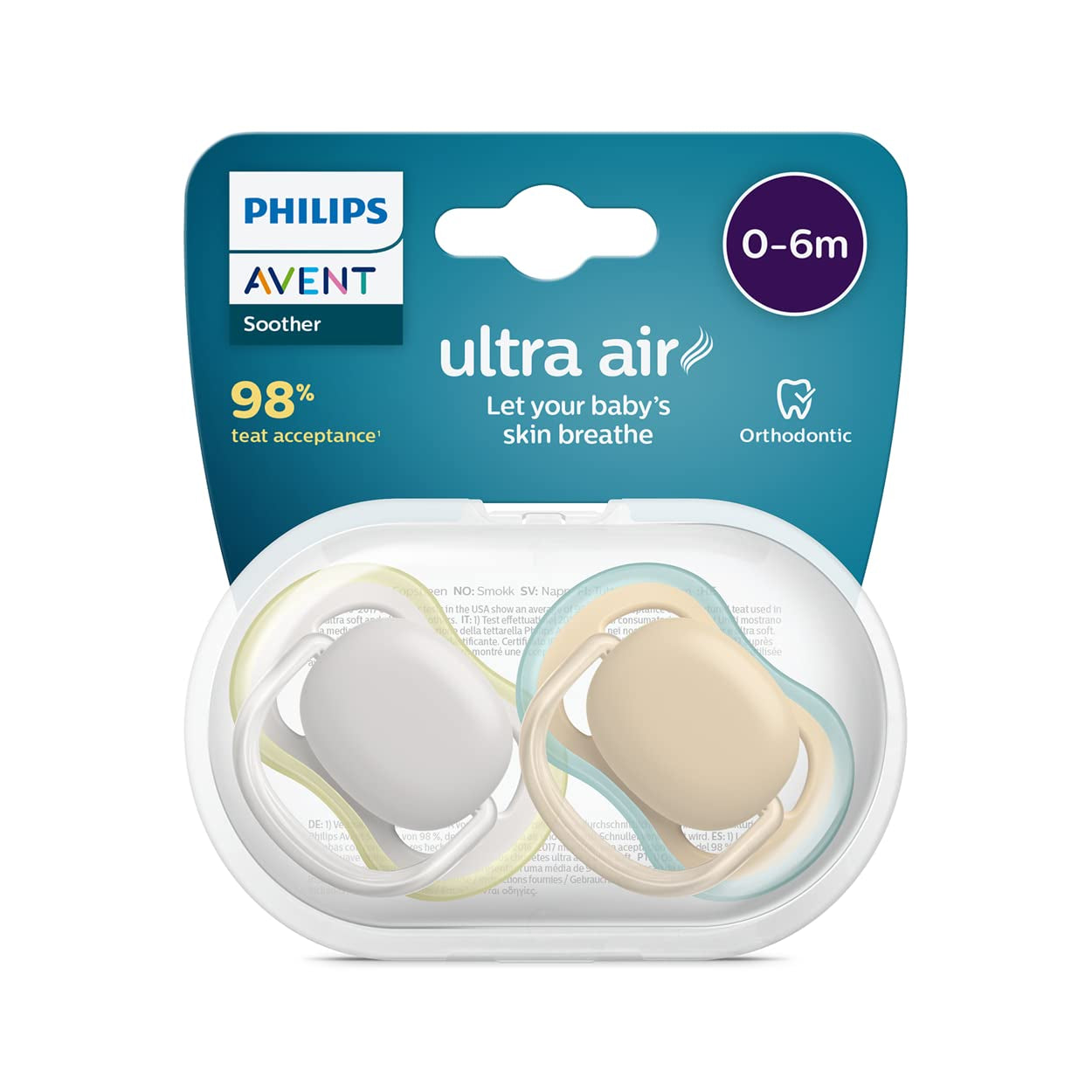 Philips Avent Ultra Air Schnuller, 2er-Pack – Bisphenol-A-Schnuller für Babys von 0–6 Monaten (Modell SCF085/15), braun/grün