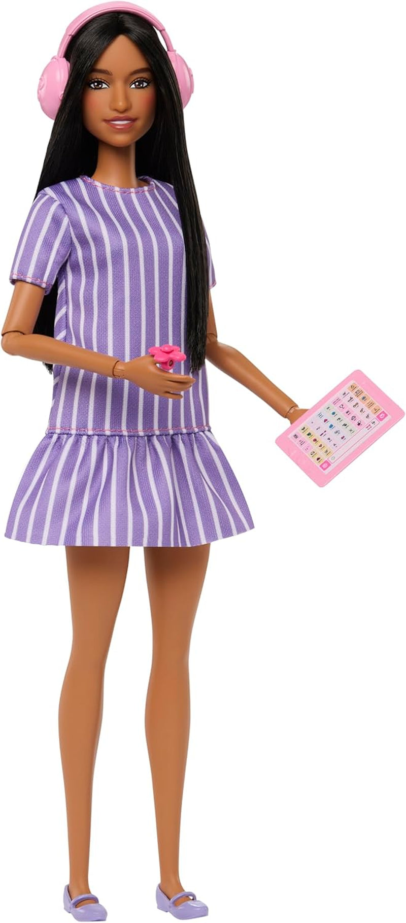 Barbie Fashionistas Puppe Nr. 245, autistische Puppe mit lila gestreiftem Kleid und Accessoires wie Fidget Spinner, Tablet und Kopfhörer, JJN58