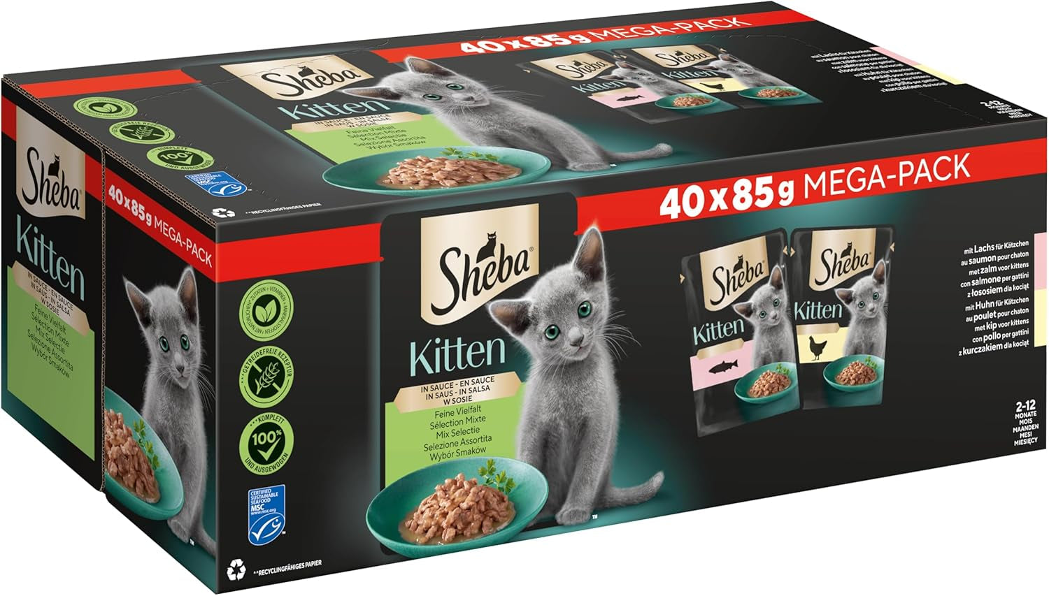 Sheba Nassfutter für Kätzchen, in sortierten Beuteln, mit Lachs (MSC) und Huhn in Sauce, Multipack 40x85g