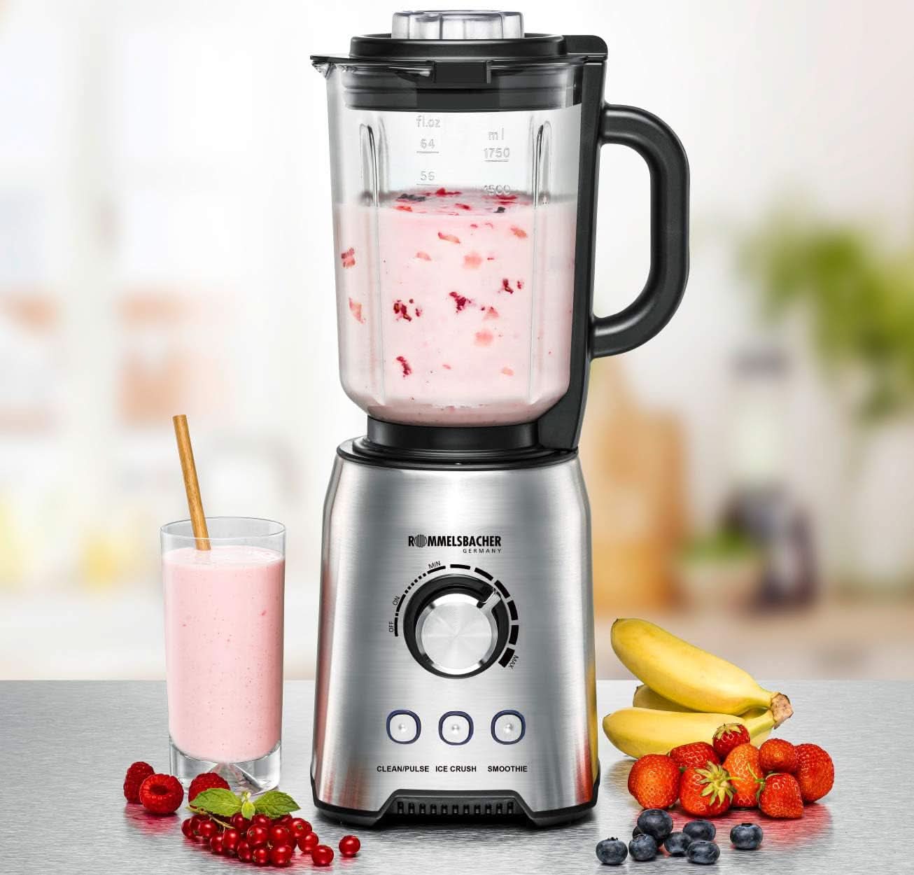 ROMMELSBACHER Standmixer MX 1250-22.000 U/Min, Stufenlose Drehzahlregulierung, Funktionstasten (Smoothie, Clean/Pulse, Ice Crush), Glaskrug, Edelstahlgehäuse, Spezialmesser, 1200 Watt Kitchen Naty Shop