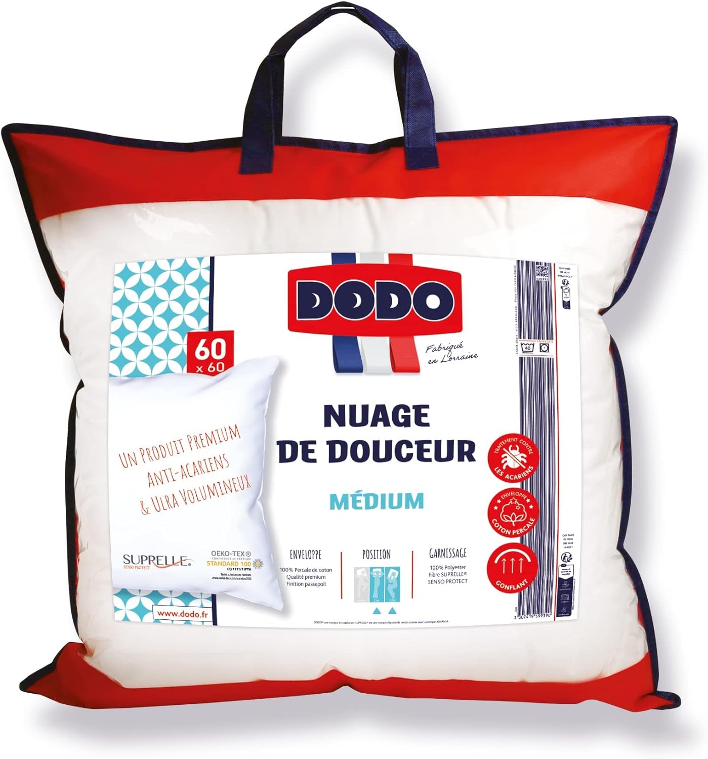 DODO Premium Kissen, 60 x 60 cm, mittlerer Komfort, Cloud De Douceur Kissen | Milbendicht und flauschig | Perkal-Baumwolle + Paspelierung. Maschinenwaschbar bei 40 °C. Standard-Kissen von Naty Shop