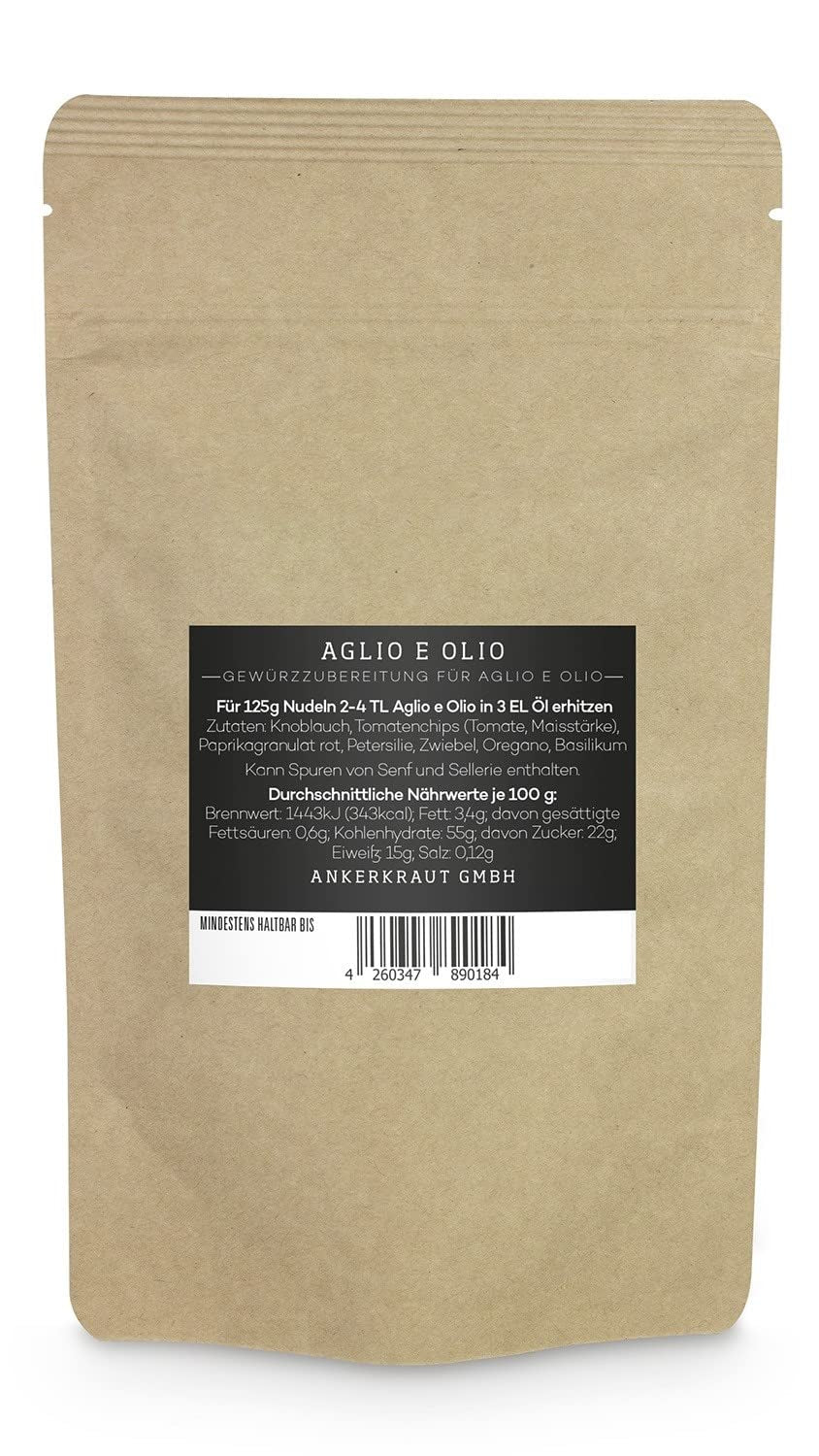 Ankerkraut Aglio e Olio, italienische Gewürzmischung für Pasta und klassische Spaghetti-Nudeln, 120g im Aromabeutel