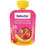 Frucht-, Himbeer-, Apfel-, Bananen- und Dinkel-Quetschbeutel – 16 Stück (4er-Packung, je 4 x 90 g), ohne Zuckerzusatz, hergestellt aus Beerenfrüchten und vollwertigem Getreide, ideal für Snacks zum Mitnehmen und zum Selbstverzehr