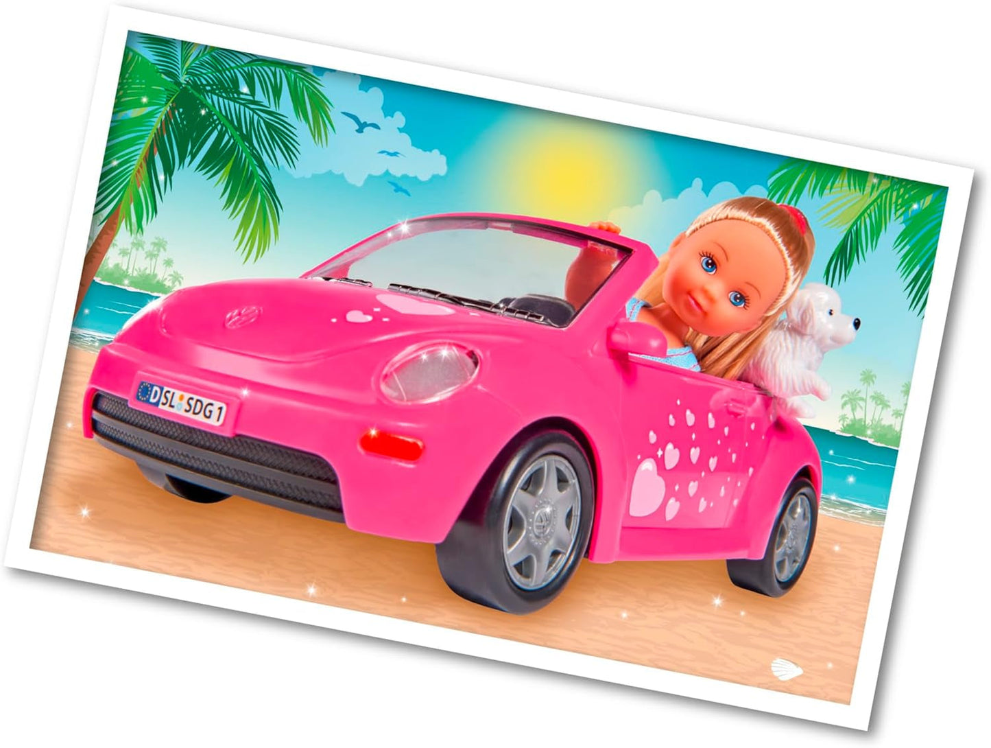 Simba 105731539 - Evi Love Beetle Evi's, Evi mit Auto, Auto: 22 cm, mit Hund, Modepuppe, 12 cm, für Kinder ab 3 Jahren