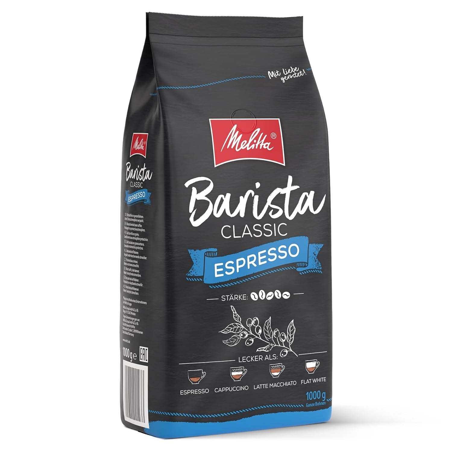 Melitta Barista Classic Espresso, ganze Kaffeebohnen 1 kg, gemahlen, Kaffeebohnen für automatische Espressomaschinen, starke Röstung, Intensität 5 (2er-Pack)
