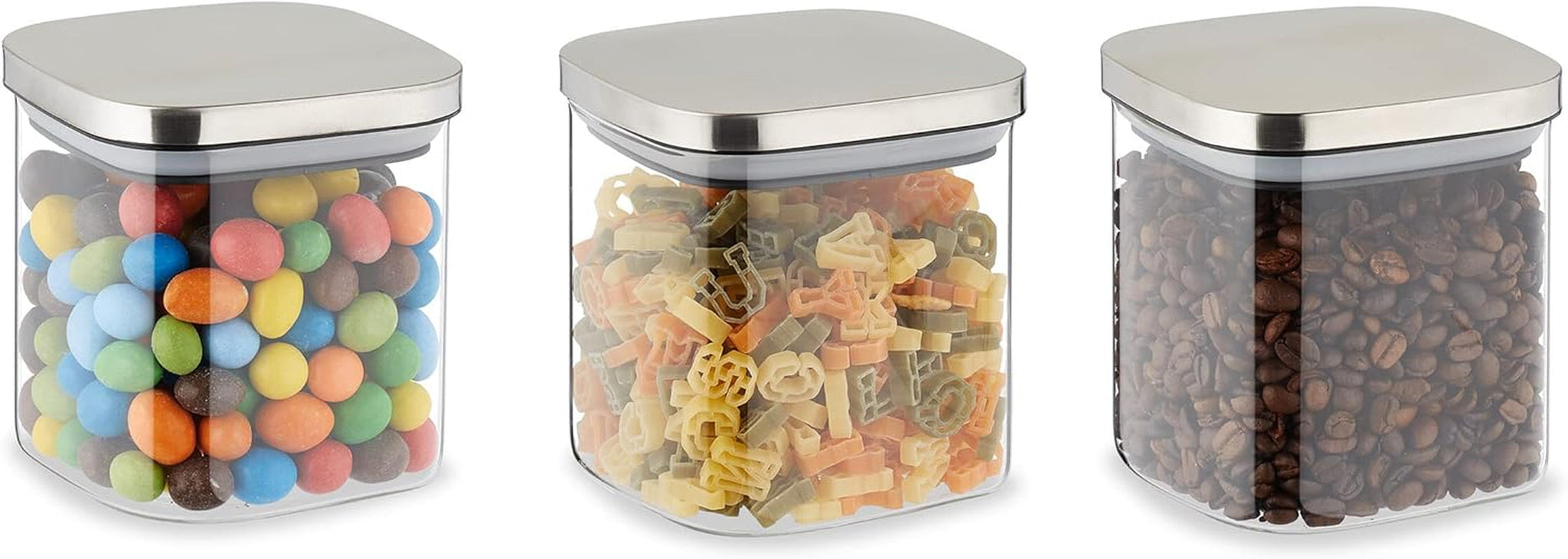 Relaxdays Vorratsgläser mit Deckel, 3er-Set, 600 ml, quadratische Vorratsgläser, luftdichte Glasbehälter, klar/silberfarben, Frischhalteboxen, Naty Shop Standardtitel