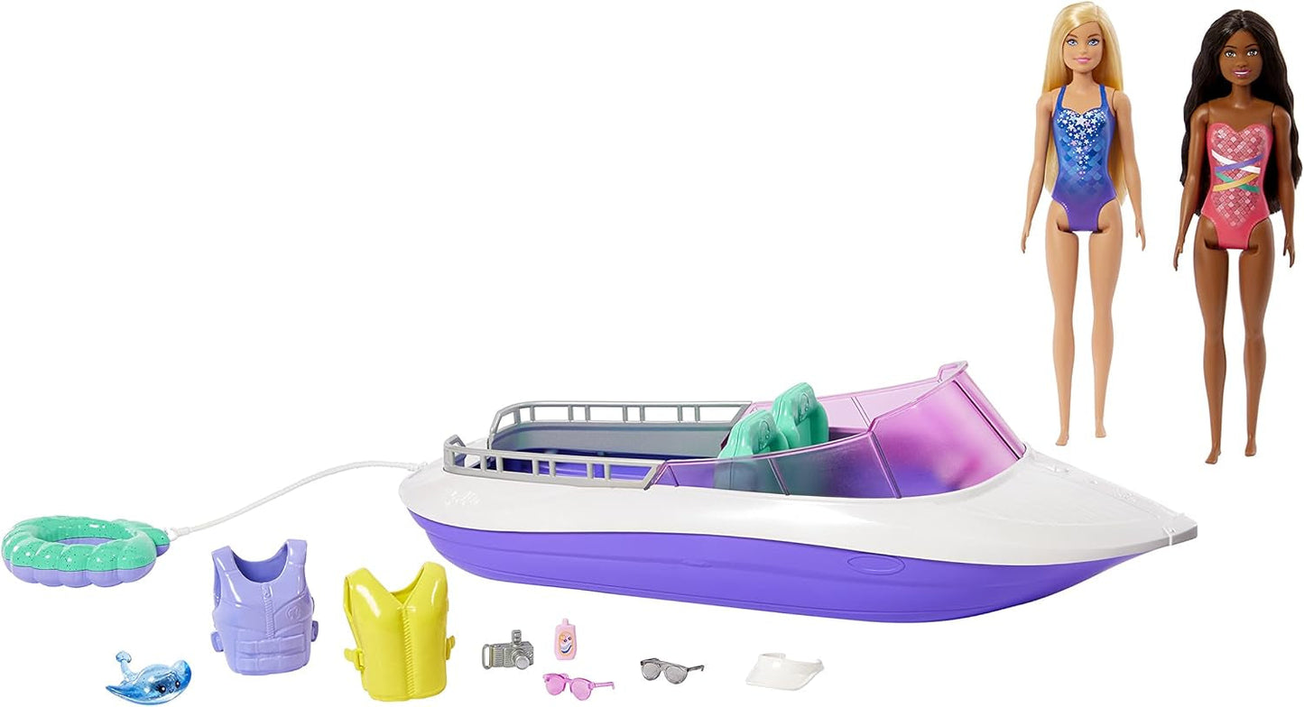Barbie HHG60 – Meerjungfrau-Motorboot mit 2 Puppen (blond/brünett) und diversem Zubehör, Spielzeug für Kinder ab 3 Jahren