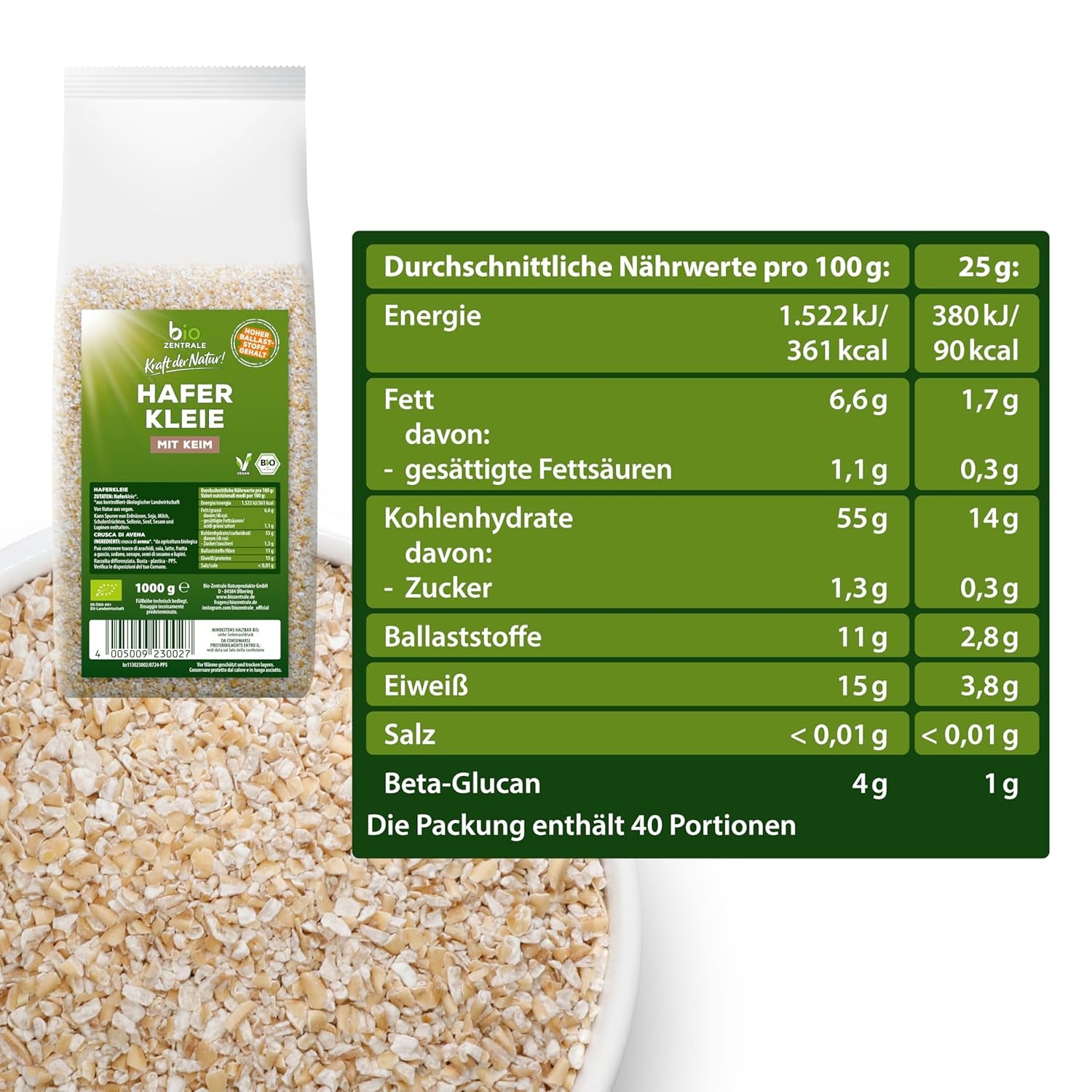 Biozentrale Bio-Haferkleie 1 kg | Vorteilhaftes Paket | Proteinquelle mit hohem Ballaststoffgehalt | Natürlich vegan | Aus der EU-Landwirtschaft | Niedriger Zuckergehalt