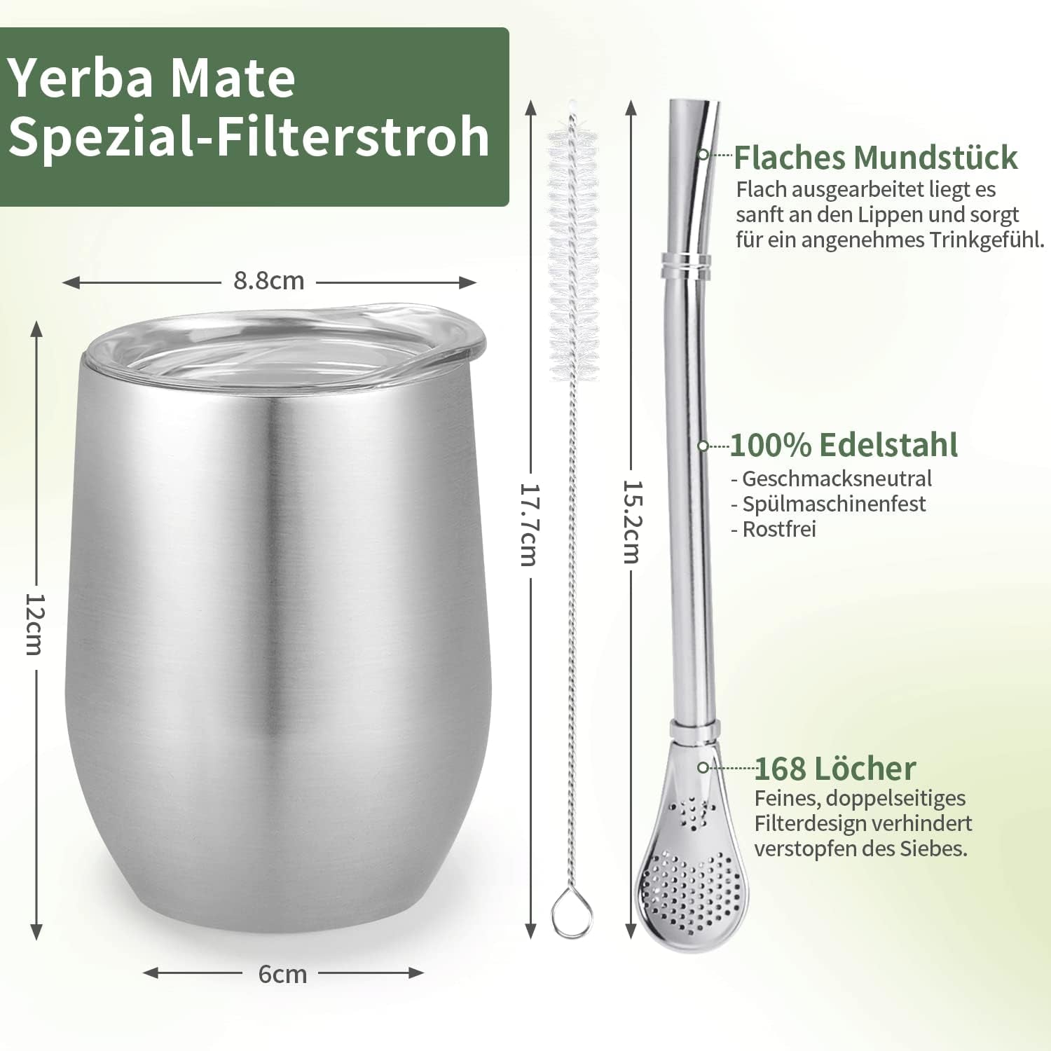 Moderner Mate-Becher 340 ml, isoliertes doppelwandiges Edelstahl-Yerba-Mate-Becher-Set, Mate-Teebecher mit BPA-freiem Deckel, Bombillas und einer Reinigungsbürste (Silber)