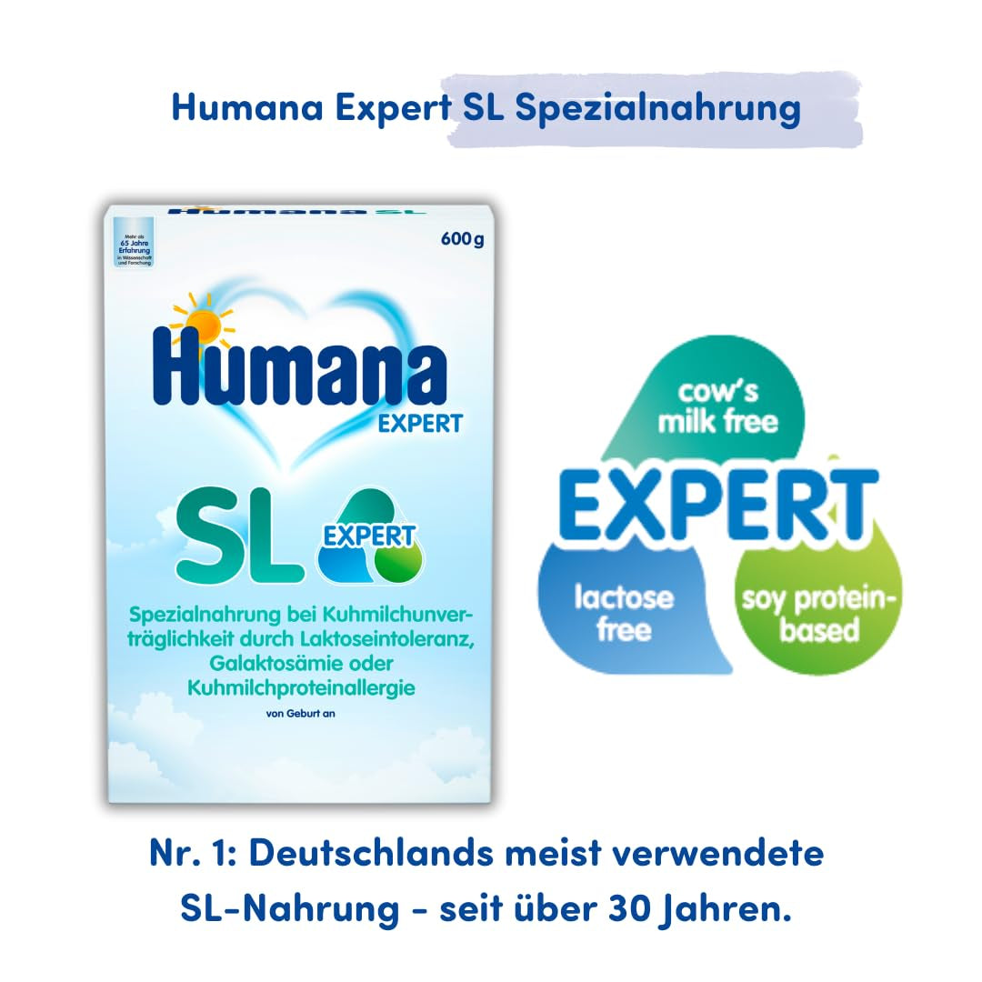 Humana SL Expert, ab der Geburt, Spezialformel bei Kuhmilchunverträglichkeit durch Laktoseintoleranz, Galaktosämie oder Kuhmilcheiweißallergie, für Säuglinge und Kleinkinder, 600g