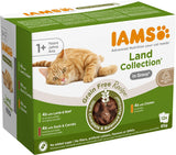 IAMS Delights Land Collection Getreidefreies Nassfutter für Katzen – Fleisch-Sortenpaket, Mehrfachpackung, getreidefreies Nassfutter für Katzen ab 1 Jahr, 12 x 85 g