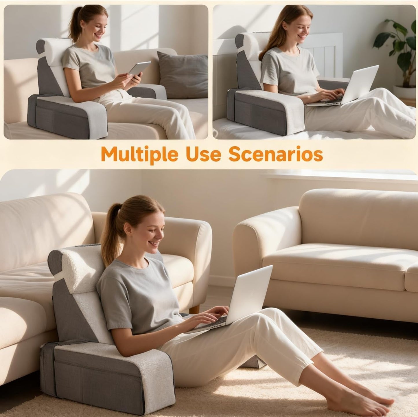 Großes Lesekissen mit abnehmbarer Nackenstütze und Armlehnen, Rückenkissen fürs Bett, ergonomisches Rückenkissen mit Armlehne, Tasche und waschbarem Bezug zum Lesen und Fernsehen.