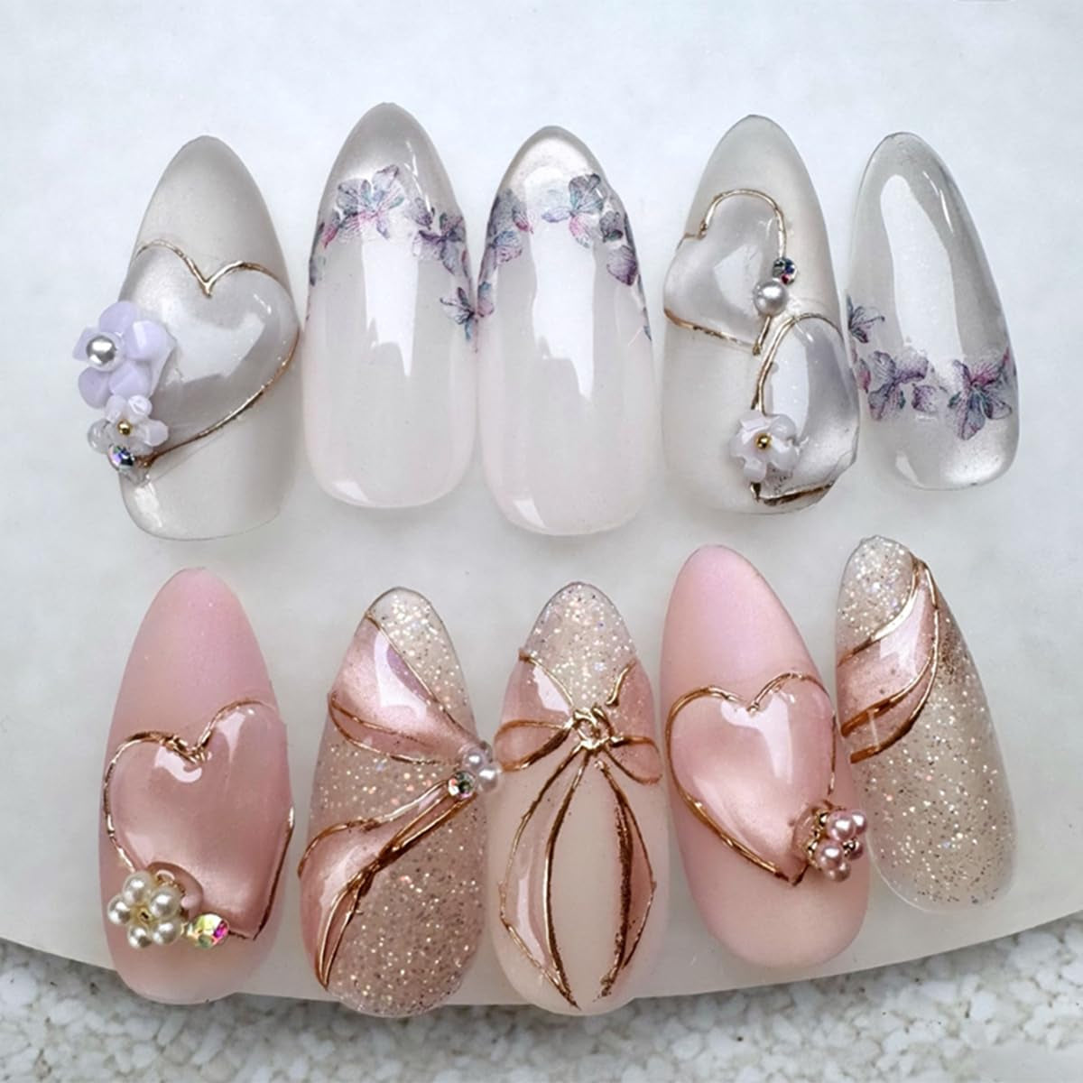 Mouyouglow Kurze magnetische künstliche Nägel, rosa mandelroter Farbverlauf, glitzerndes Katzenauge mit Kleber, rosa rote Ombre-Glitzer-Phototherapie-künstliche Nägel für Frauen und Mädchen