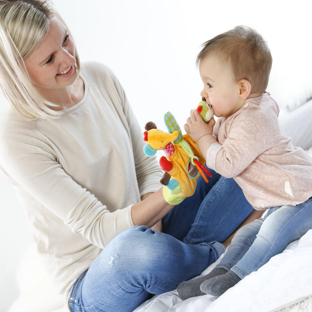 Fehn Spielhandschuh Safari – Fingerpuppen Babyspielzeug Affe & Elefant zum Greifen & Geräusche machen & weiches Bilderbuch Bruno – Tastbuch für Kinder mit Tiermotiven Babyspielzeug Naty Shop