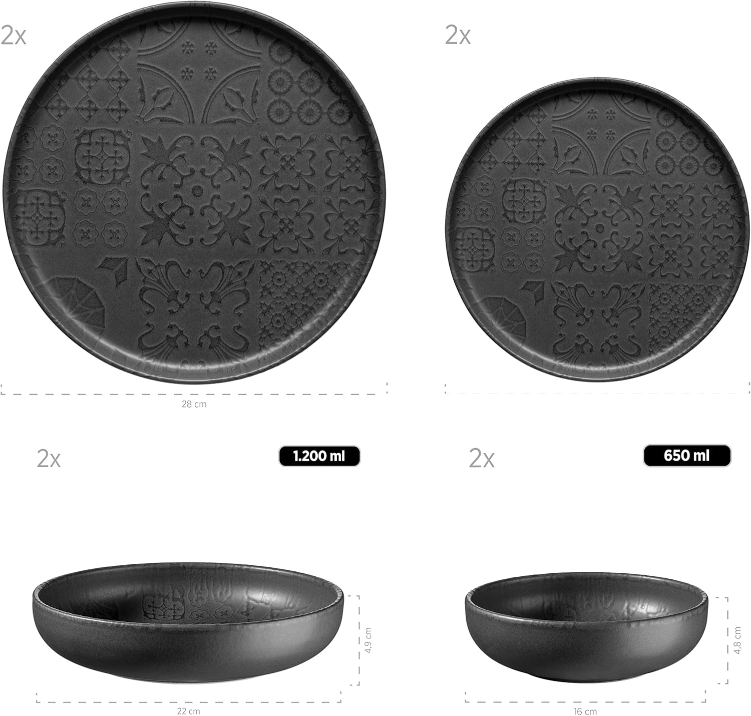 MÄSER 934064 Modernes Vintage-Geschirrset für 2 Personen, maurisches Design mit mattierter Glasur, 8-teiliges Tafelservice, hochwertige Keramikteller und -schalen, Steinzeug, schwarz