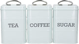 KitchenCraft Living Nostalgia Set mit 3 Vorratsdosen für Tee, Zucker und Kaffee in Geschenkbox, Stahl, Antikcreme, 11 cm x 11 cm x 17 cm, Vintage-Blau, Aufbewahrungsboxen für Lebensmittel, Naty Shop, Antikcreme