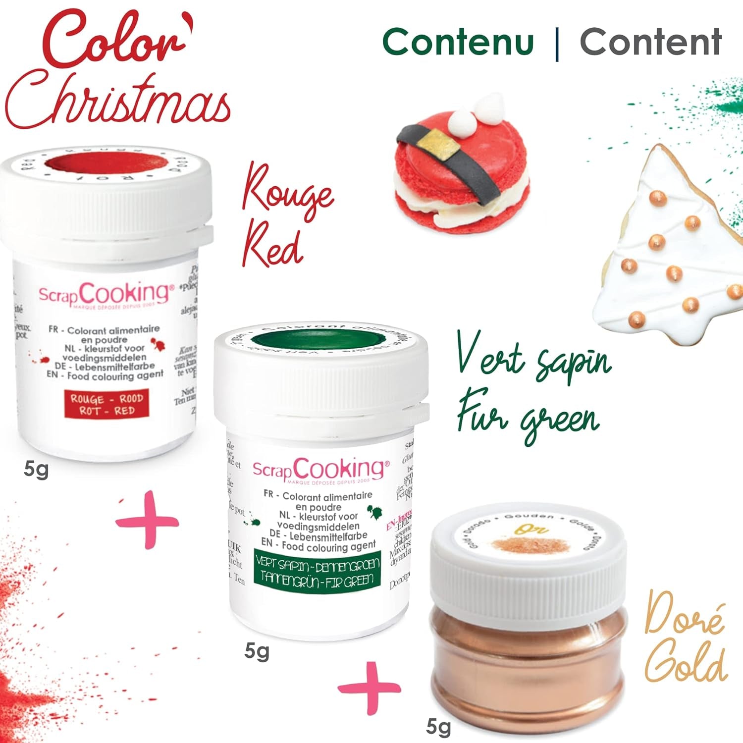 Scrapcooking – Set mit 3 pulverisierten Weihnachts-Lebensmittelfarben – Rot, Grün, Gold – Essbare Lebensmittelfarben zum Backen, Kuchen, Kekse, Gebäck, Teig, Fondant – Weihnachtsdekorationen – 4018
