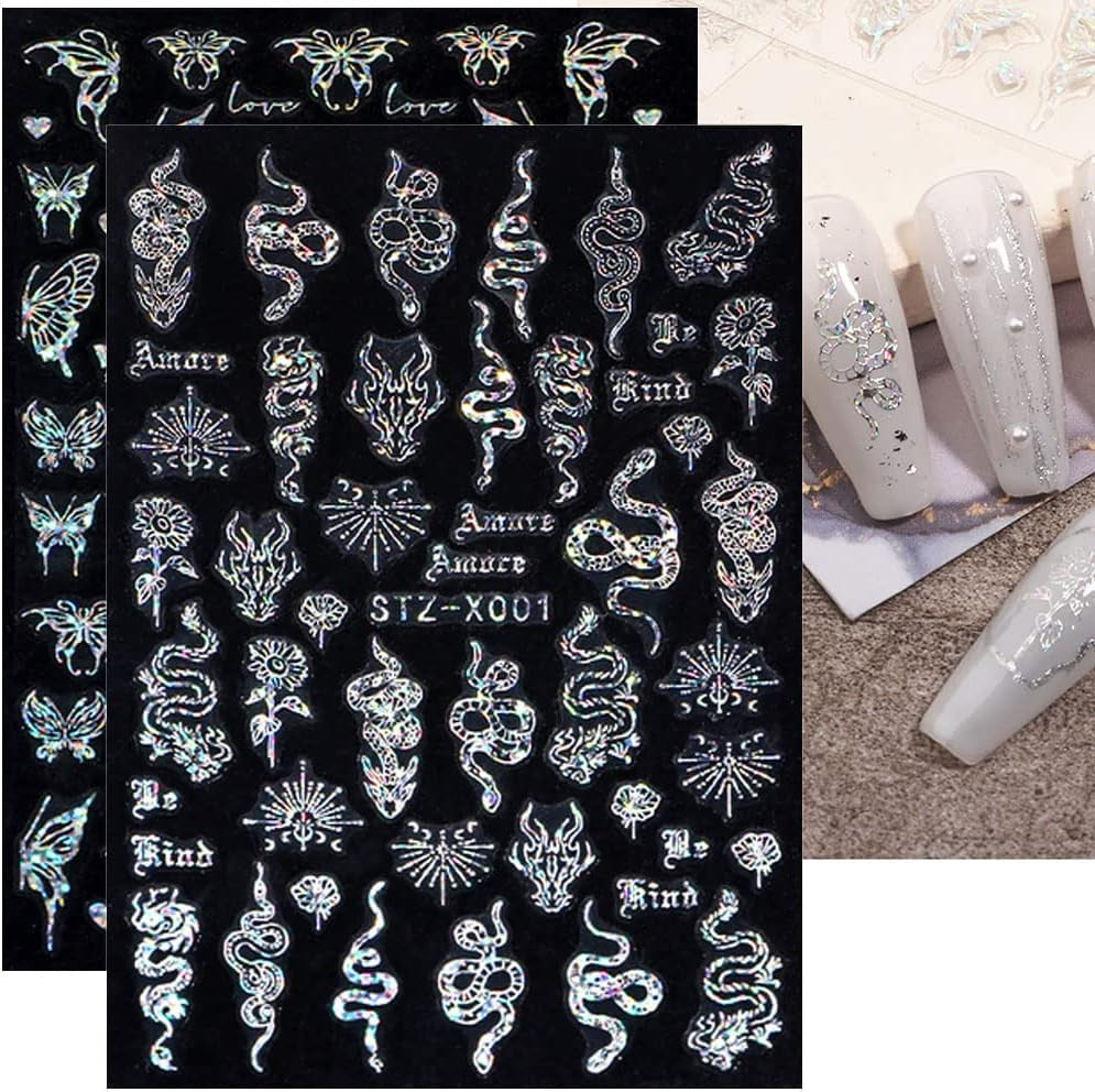 6 Blatt Schmetterling Nagelsticker Selbstklebend Laser Silber Schmetterlings Nagelaufkleber 3D Aurora Silber Schwarz Schmetterlinge Nagel Aufkleber Frühling Nageldesign Nail Sticker Nail Art Zubehör