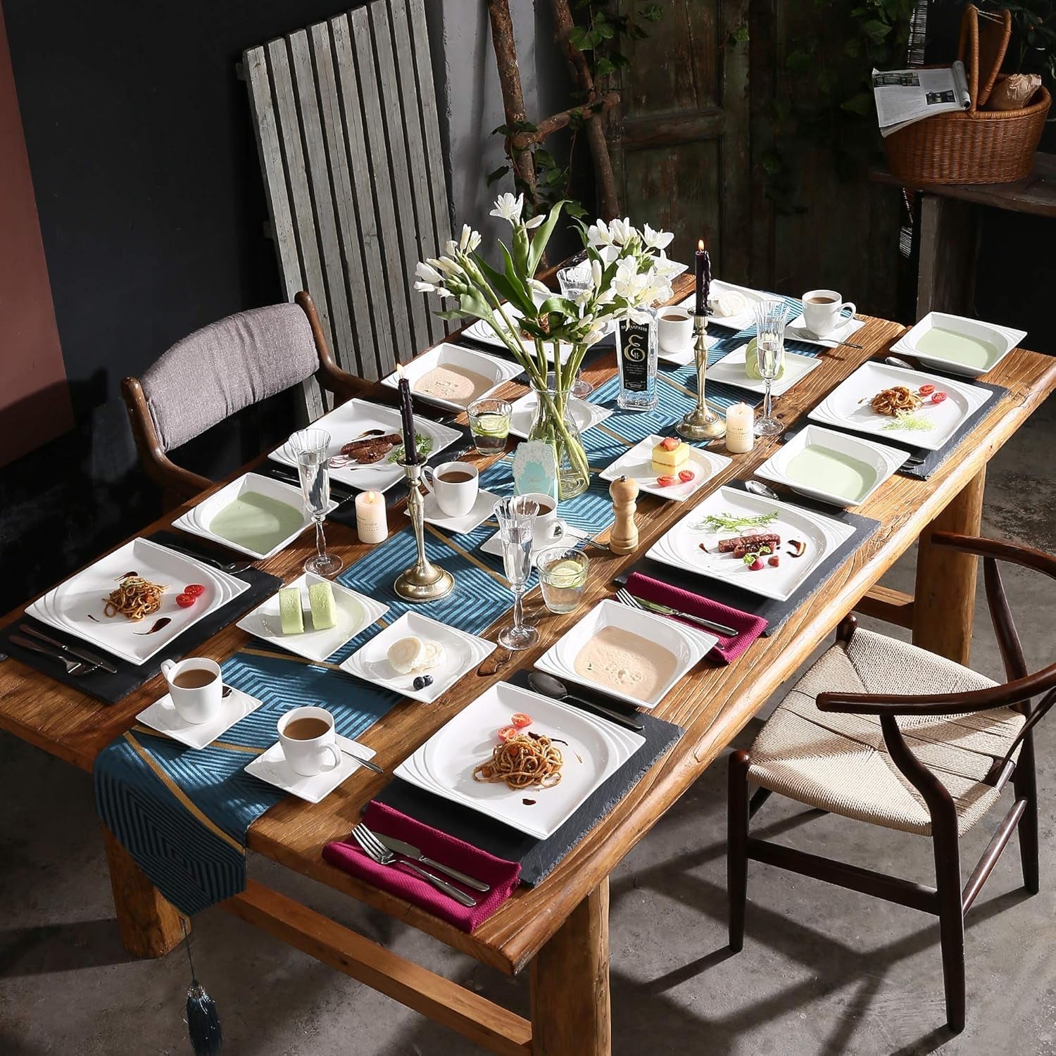 MALACASA, Monica-Serie, Geschirrset für 12 Personen, Weiß-Creme-Porzellan, Kombiservice mit 12 Kaffeetassen, 12 Untertassen, 12 Desserttellern, 12 Speisetellern und 12 Speisetellern