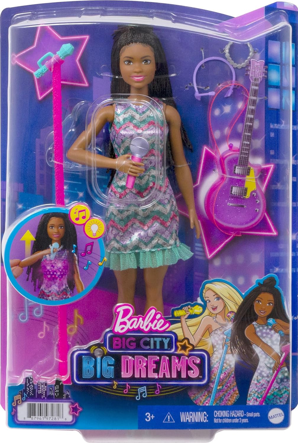 Barbie GYJ22 – Bühne frei für große Träume Brooklyn Puppe (ca. 30 cm, braune Haare) mit Melodien aus dem Film, Lichtern, Mikrofon und Accessoires, Geschenk für Kinder ab 3 Jahren
