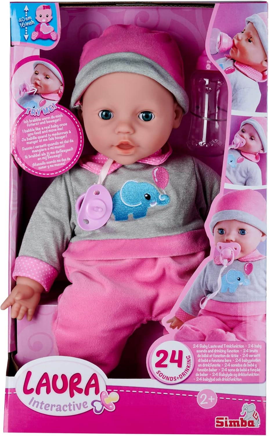 Simba 105140066 – Laura Interactive, Weichkörperpuppe mit Schlafaugen, plappert bei Bewegung, trinkt aus einer Flasche und schläft ein, 40 cm, Babypuppe für Kinder ab 2 Jahren
