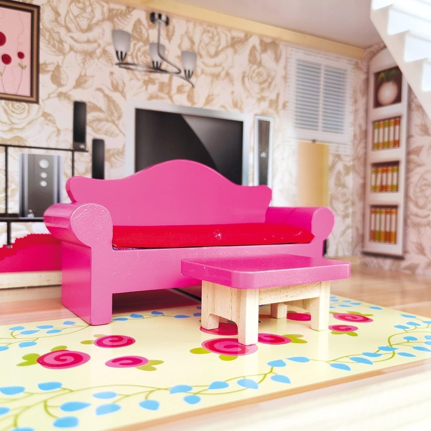Bino World of Toys Puppenhaus mit Balkon, Spielzeug für Kleinkinder ab 3 Jahren, mit 3 Etagen, Treppen, 4 Zimmern und Balkon inkl. 15-TLG. Zubehör, Zur Förderung der Fähigkeiten von Kindern, Puppenhäuser im rosa Design von Naty Shop