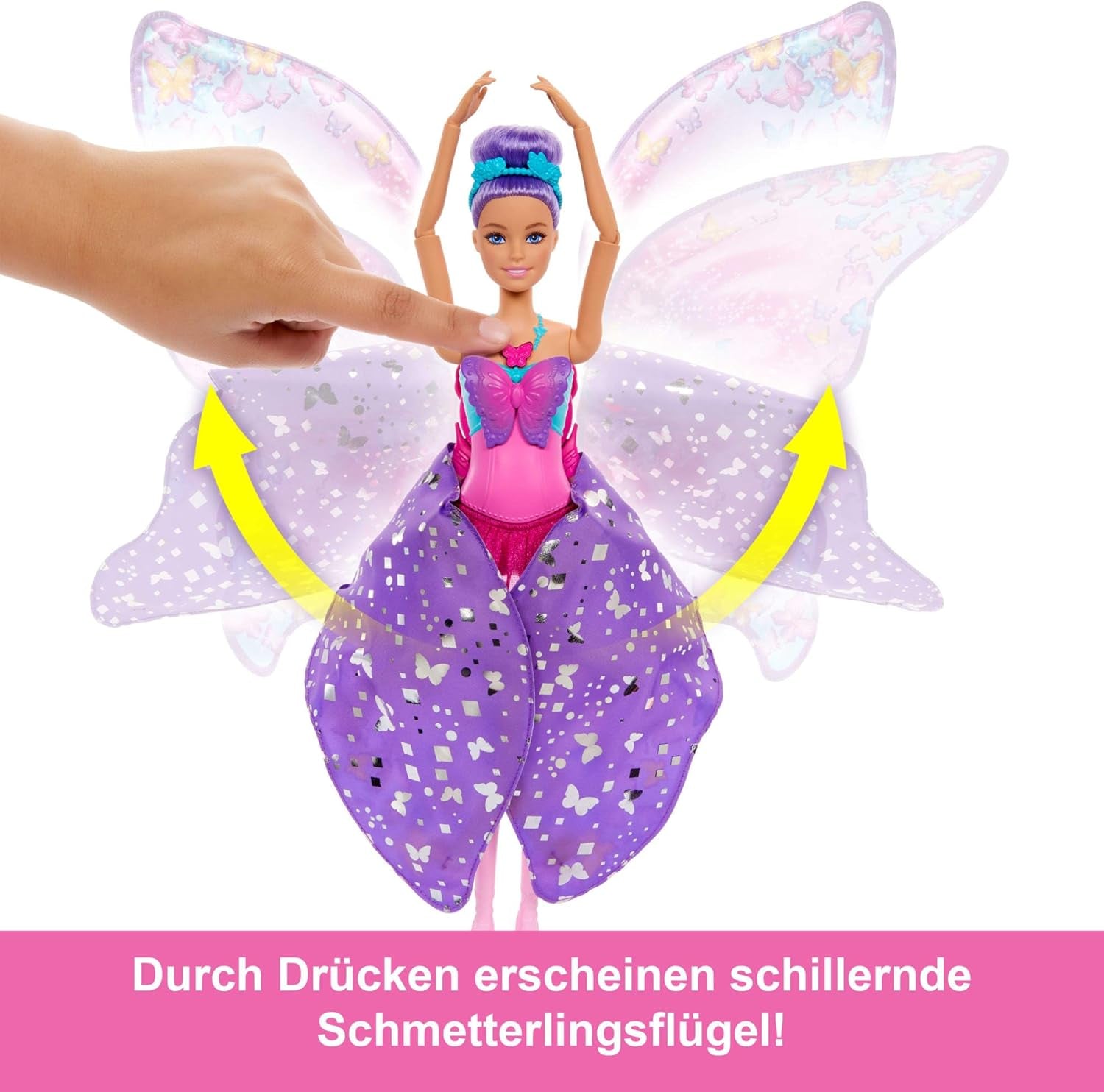 Barbie Tänzerin und Schmetterling 2-in-1 verwandelt Tänzerin in einen Schmetterling mit aufklappbaren Flügeln, lila Haaren, Haarschmuck und abnehmbarem Tutu, HXJ10