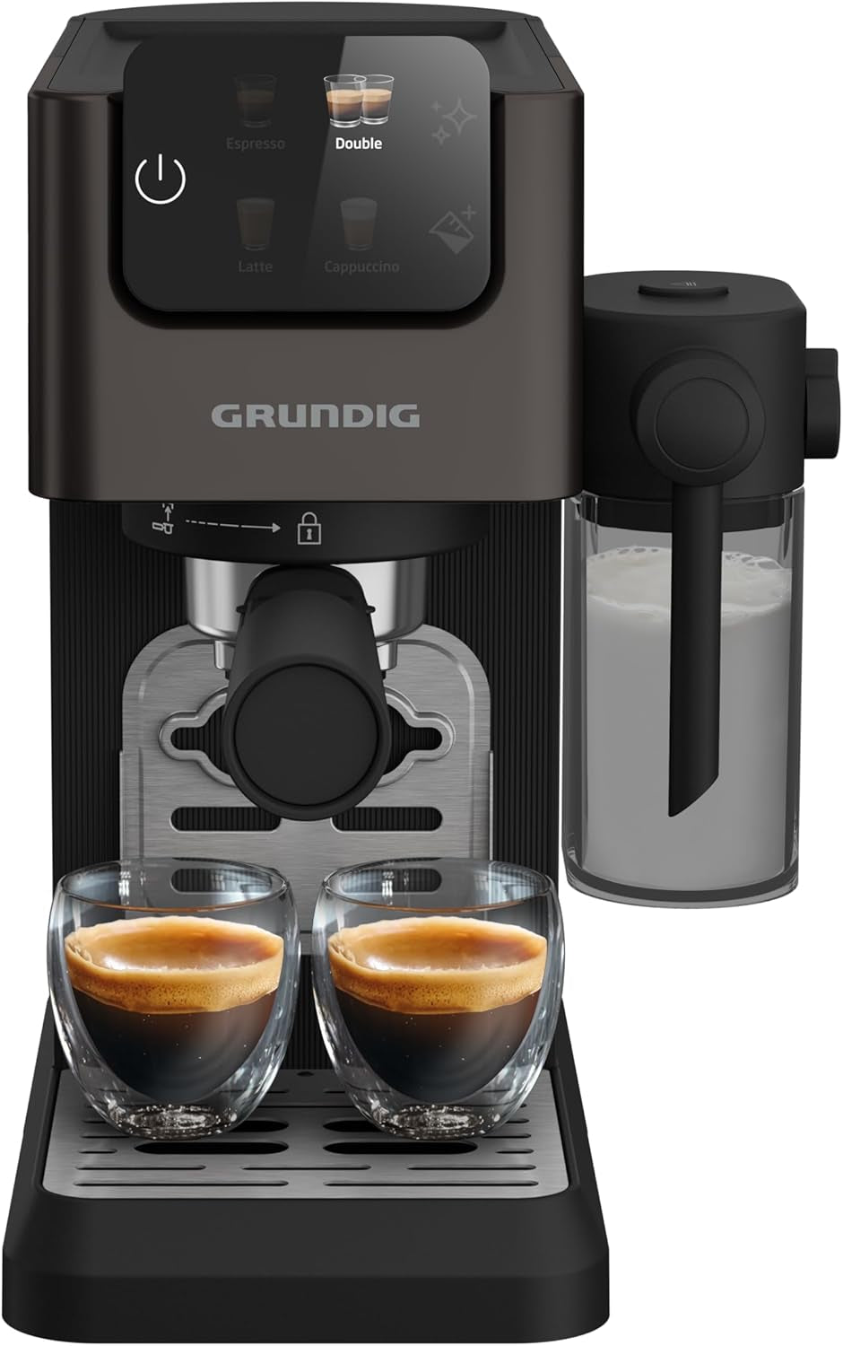 Siebträger-Espressomaschine GRUNDIG KSM 5330 mit integriertem Milchbehälter, Leistung 1628 W, Pumpendruck 15 bar, Doppeldüse, farbiges Touch-Display, BrewSense, CreamyPro, Edelstahl dunkel/Schwarz