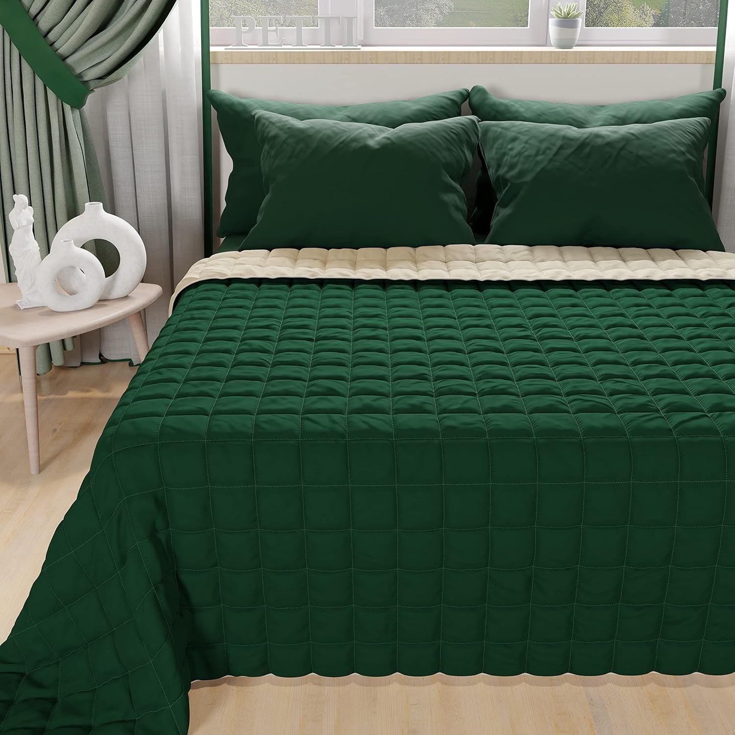 PETTI Artigiani Italiani – Einzel-Tagesdecke, doppelseitige Frühlings-Tagesdecke, Mitternachtsblau, Weiß, 100 % hergestellt in Italien. Bettdecken und Steppdecken, Naty Shop, Verde Taupe Una Piazza E Mezza
